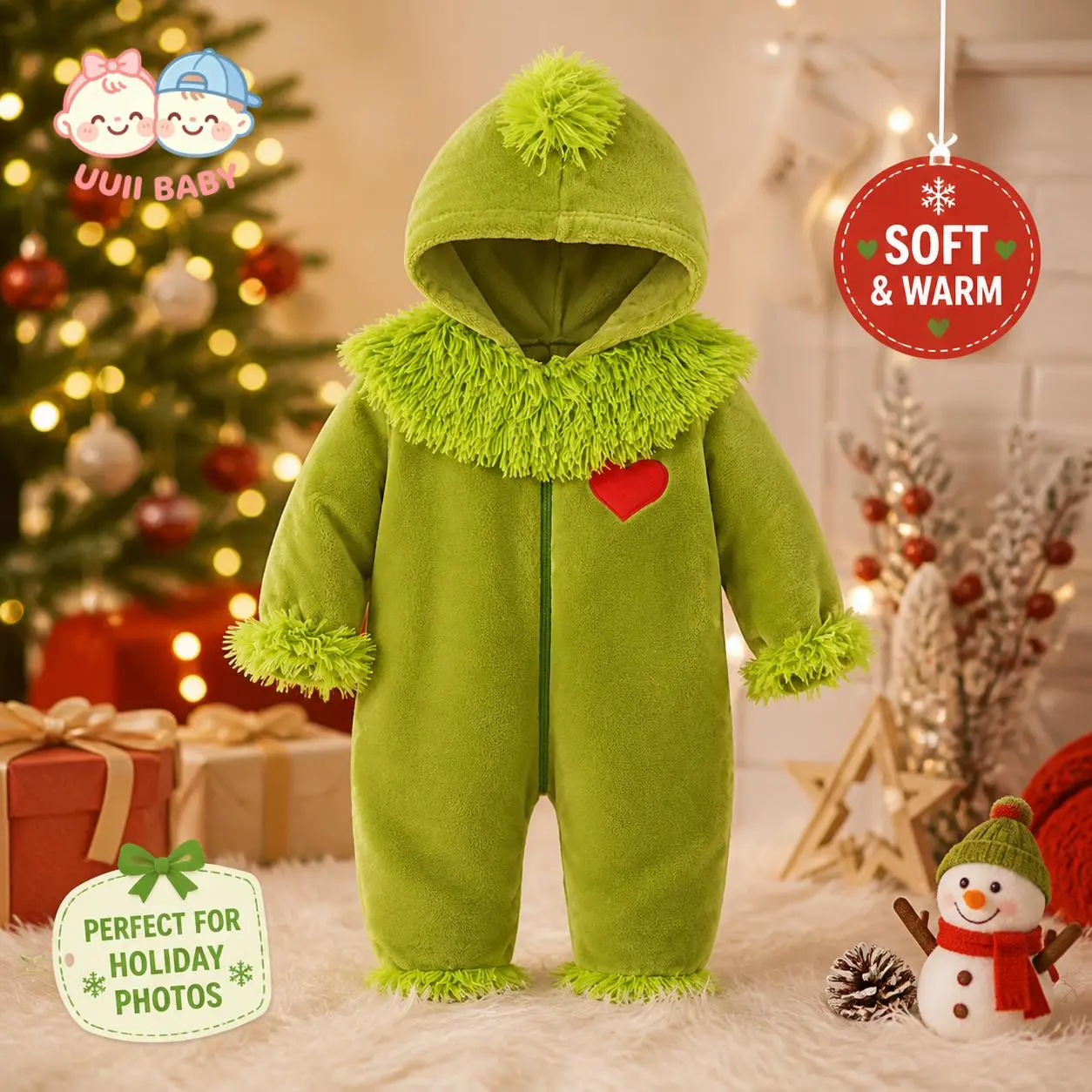 Baby Green Plush Monster Christmas Costume Onesie, Fleece Hooded Zipper Onesie, Plush Trim and Red Heart Embellishments, Christmas Role-Playing Costume for Babies 0-24 Months