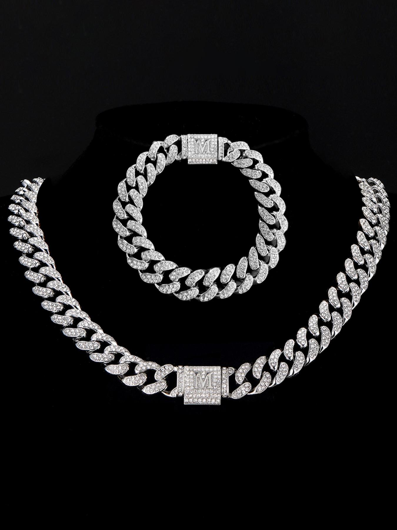 Unisex Street Style Letter Design Cuban Link Chain Bracelet & Necklace, Rhinestone Decorated Fashionable Jewelry Set, Fashion Accessories for Party, Daily Decor for Boy