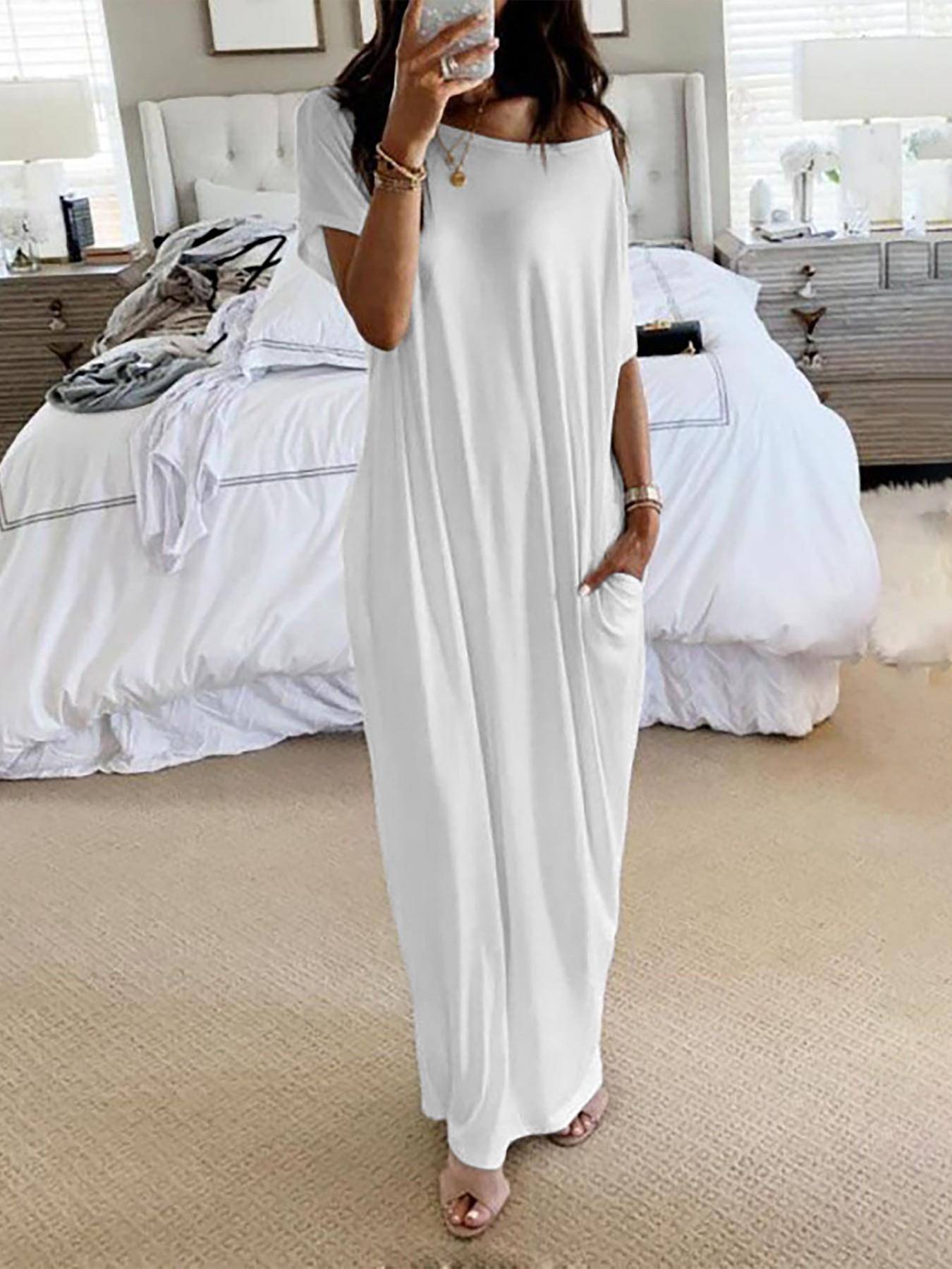 2026 Women's Solid Color Short Batwing Sleeve Loose Loungewear Dress, Soft Comfortable Casual Daily Wearing Nightdress, Versatile Ladies' Sleepwear for All Seasons