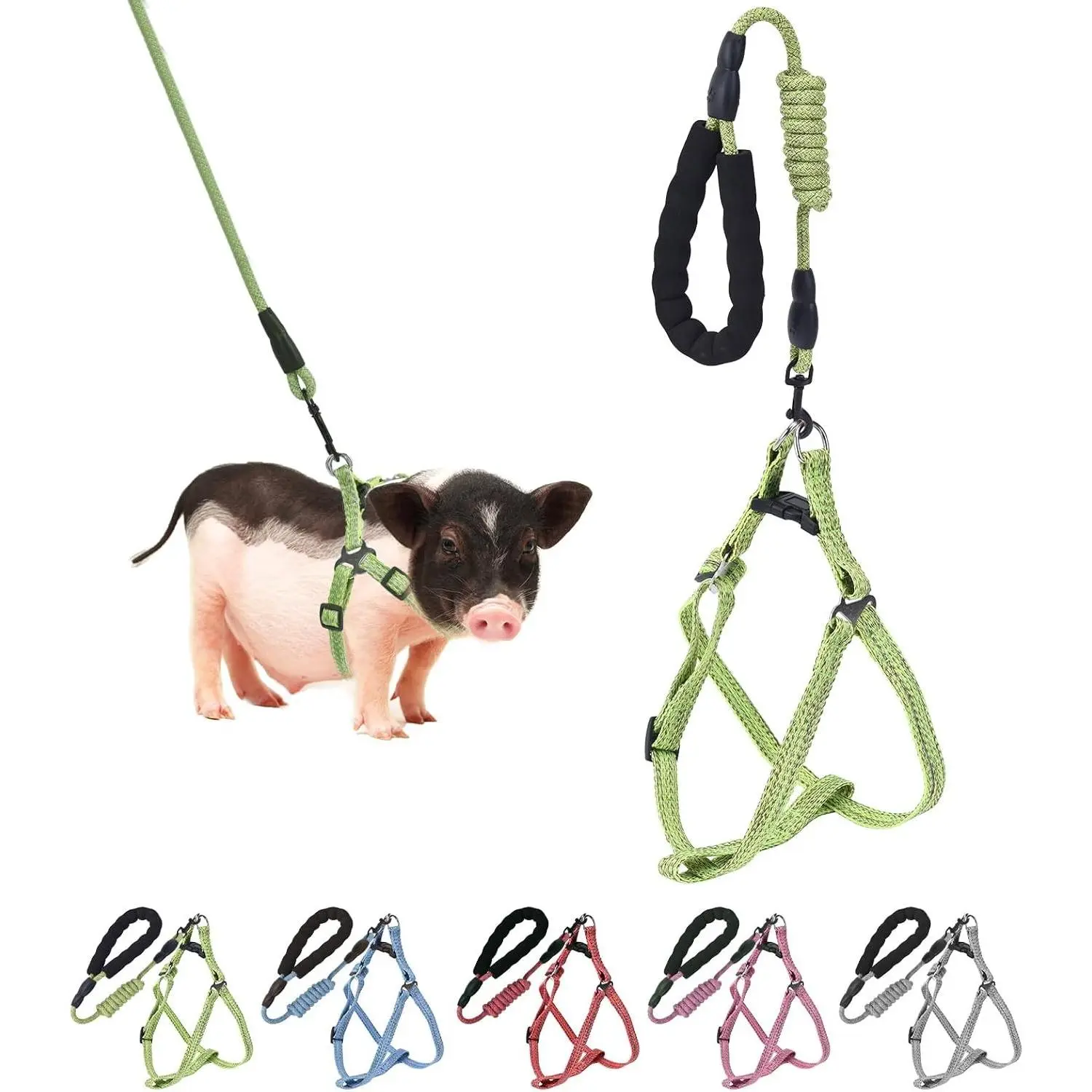 Adjustable Mini Pig Harness with Leash - Infinity-Style Lead, Soft Foam Handle for Small/Medium Pet Pigs Walking, Training (Green, S), Small/Medium Pig