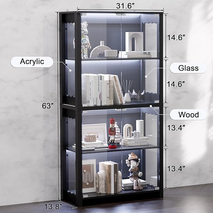 Display Cabinet with Glass Doors, 63” 4-Tier Wood Display Case with RGB Lights for Collectibles, Tall Curio Cabinet Anti-Tipping with Adjustable Shelves, Storage Cabinets for Living Room