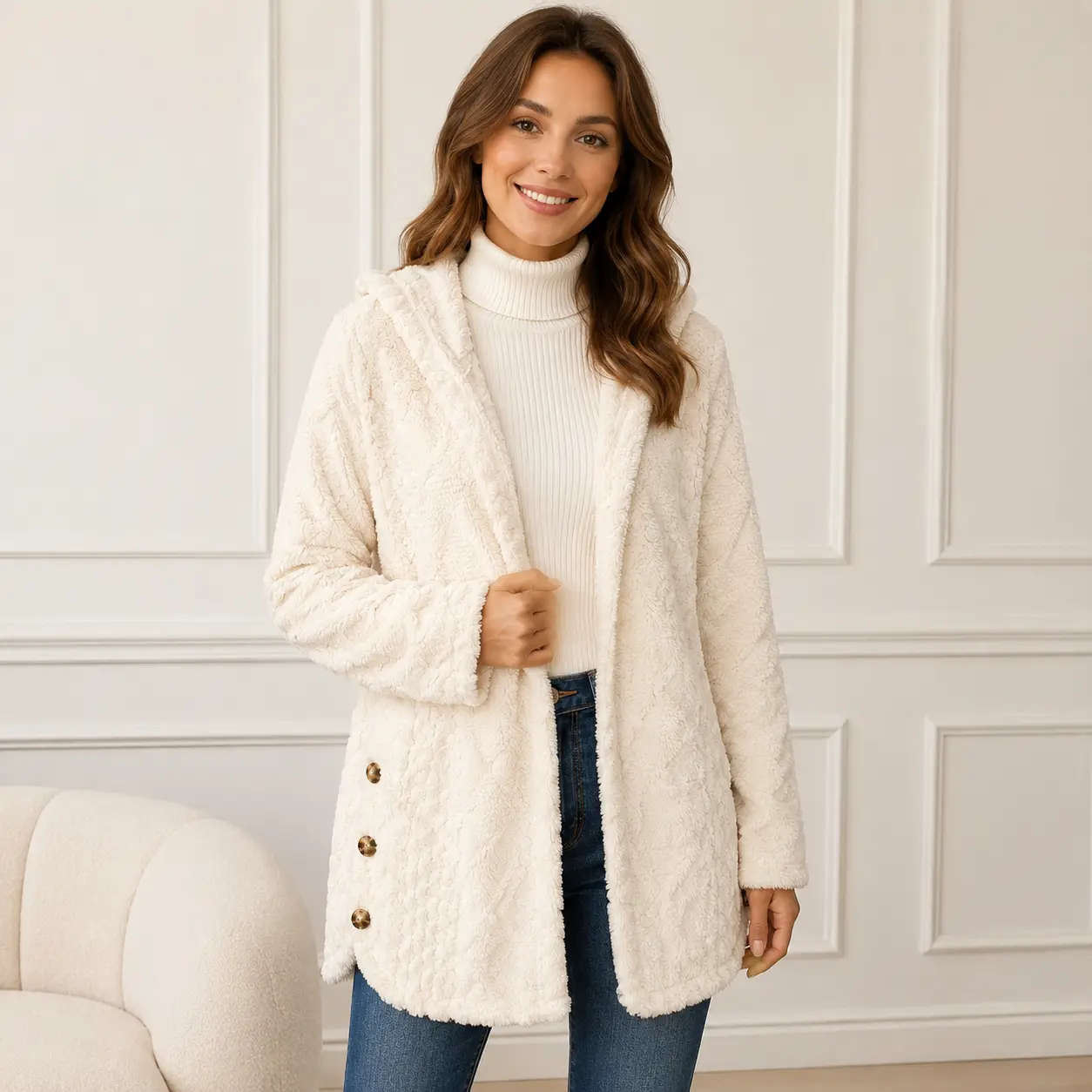 Women’s Cream Hooded Faux Fur Coat, Textured Longline Open Front Jacket with Gold Tone Button Details, Casual Winter Outerwear for Daily Wear, Weekend, Travel, Street Style, Jeans and Leggings Outfits, Sizes S-5XL