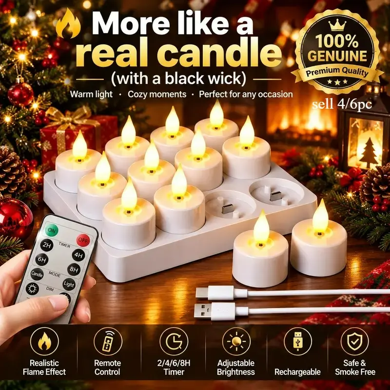 4/6/12pcs Rechargeable USB-C Flameless Tealight Candles - Home Decor Gifts, Novelty Lighting with Remote, Charging Station, Timer, Realistic Flame Effect for Halloween, Christmas Indoor Table Glass Jars/Candle Holders（Excluding USB charging cable）