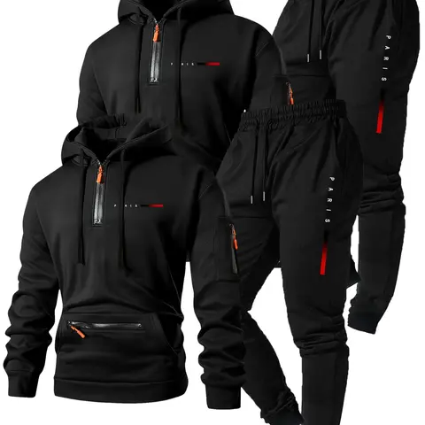 Men's Hooded Sweatshirt Set with Zipper Pockets, Letter Print, Casual Fitted Design, Fall & Winter Streetwear, Multiple Colors Available