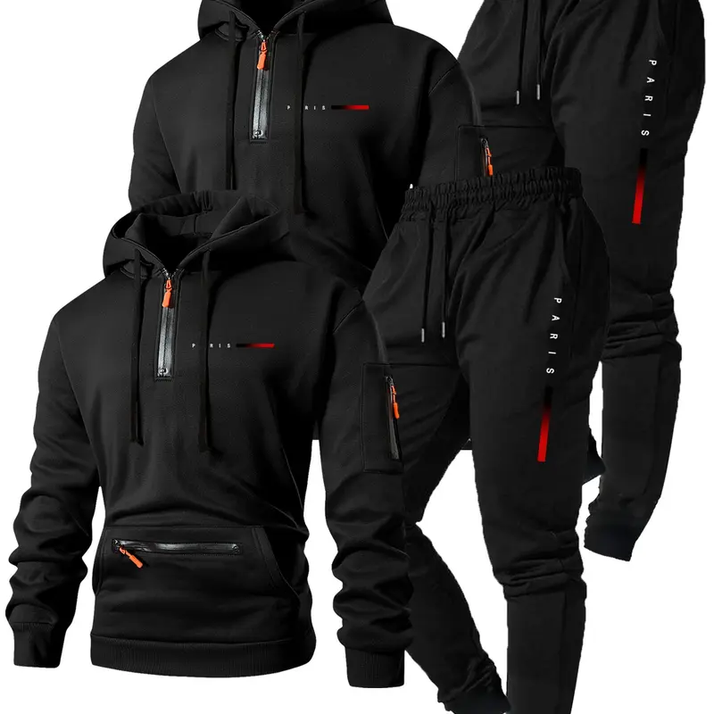 Men's Hooded Sweatshirt Set with Zipper Pockets, Letter Print, Casual Fitted Design, Fall & Winter Streetwear, Multiple Colors Available