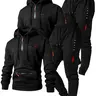 Men's Hooded Sweatshirt Set with Zipper Pockets, Letter Print, Casual Fitted Design, Fall & Winter Streetwear, Multiple Colors Available