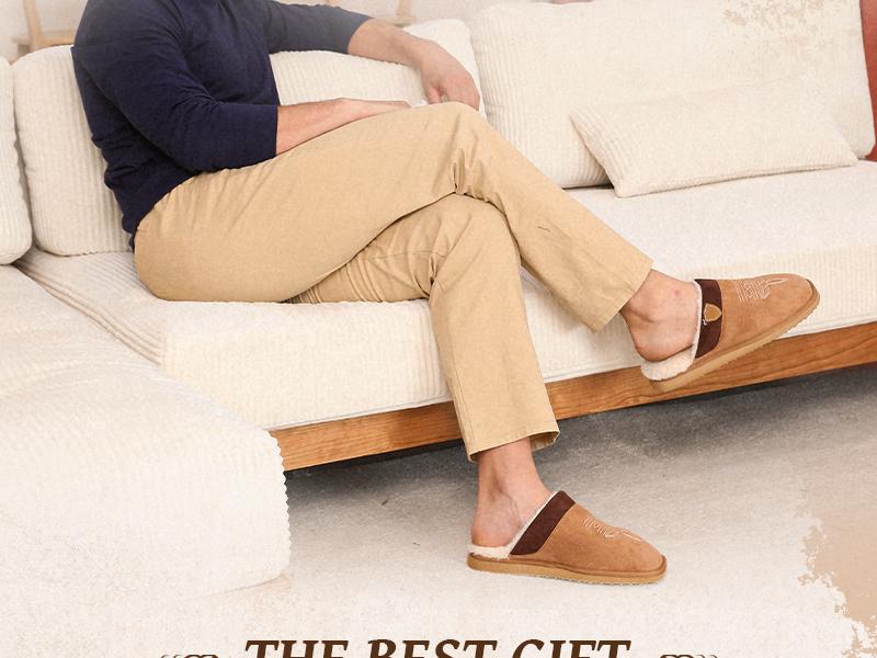 OOW Cowboy Boot Slippers for Men Western House Slippers Indoor & Outdoor Square Toe Chestnut Soft Faux Fur Lining Durable Cotton Fabric Flat Footwear