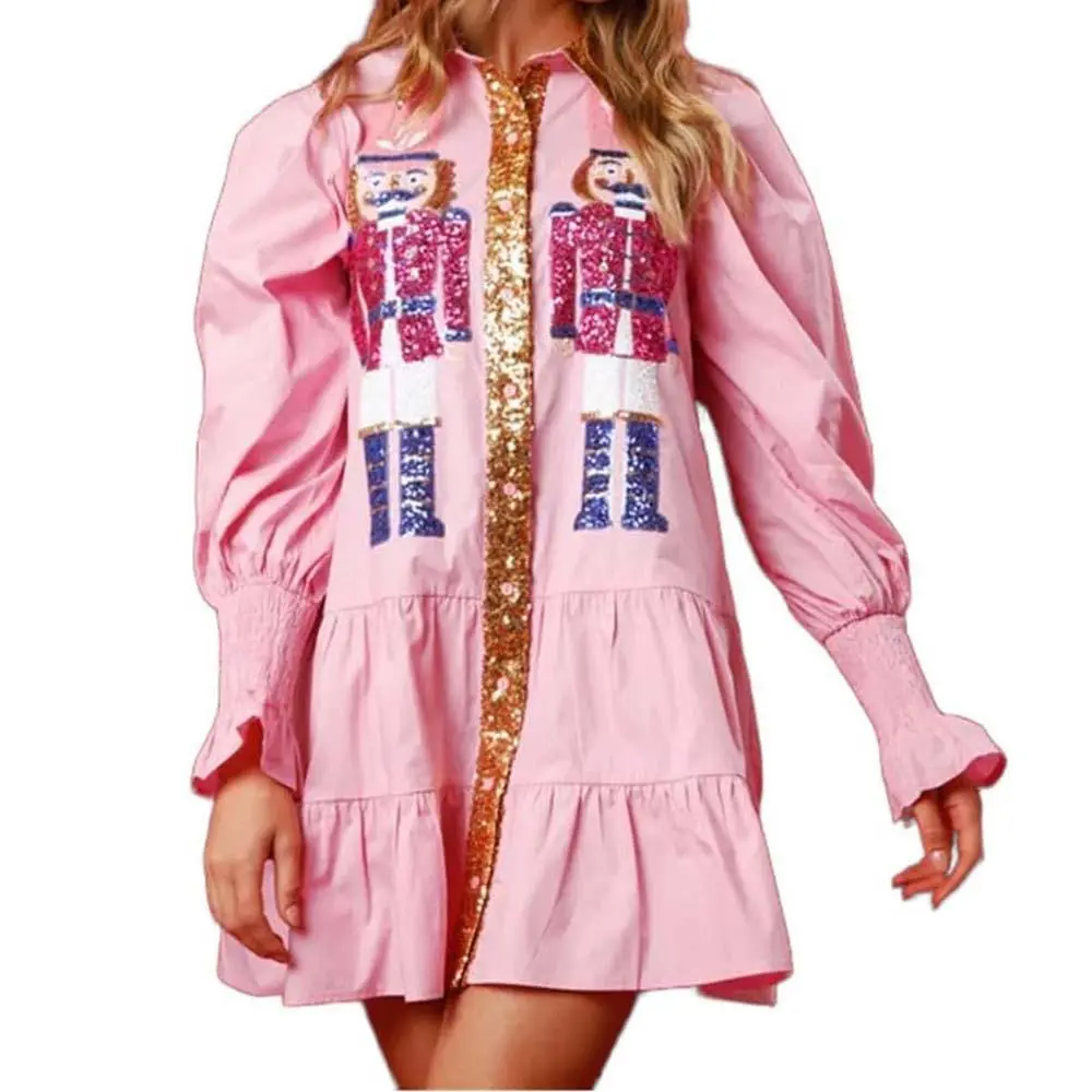 Women's Festive Nutcracker Sequin Shirt Dress - Long Sleeves, Collared, Button Down, Soft Cotton, A-Line Mini Twirl Skirt for Ballet & Holiday Cocktail Parties, Glitter Accessory
