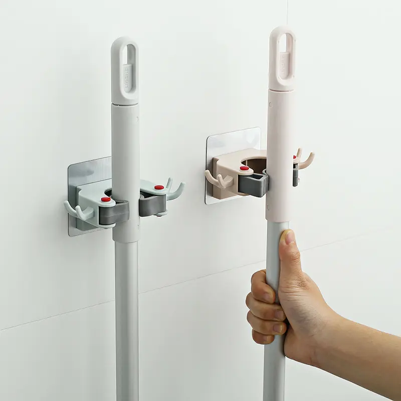 Self Adhesive Mop Broom Holder No Drill Wall Mount, Anti-Slip Mop Gripper with Side Hooks, Waterproof Cleaning Tool Organizer for Bathroom Garage, Renter Friendly
