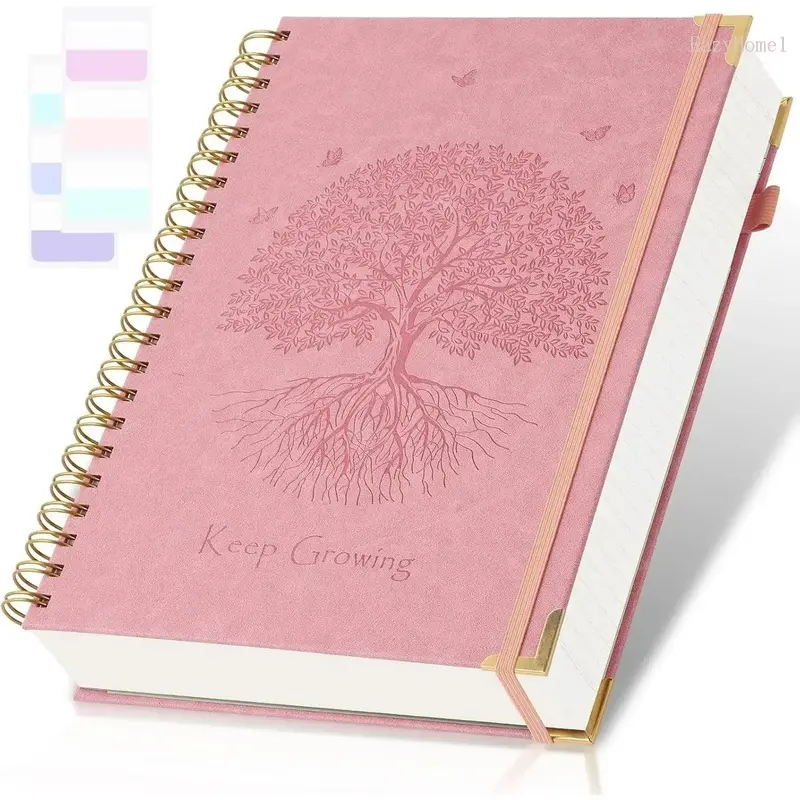 A4 Size Hardcover Spiral Notebook - 8.5"x11", 300 Pages, College Ruled, 24-Count Tabs, Embossed Leather Journal for Work, School, Men & Women (Pink)