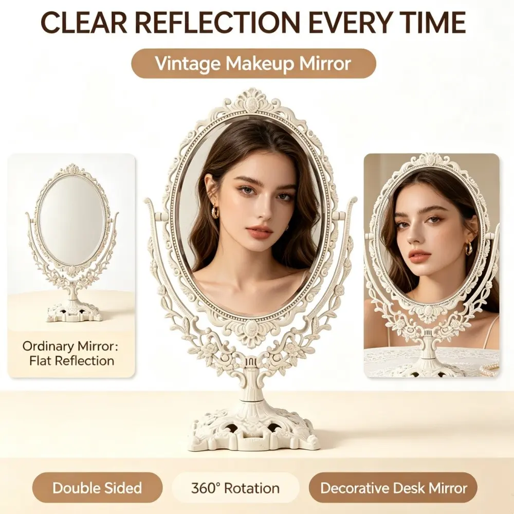 Vintage European Double Sided Rotary Makeup Mirror - Adjustable frame, high definition glass surface, floral design, Decor, portable tabletop vanity mirror for tabletop and dresser, Cosmetic Mirror