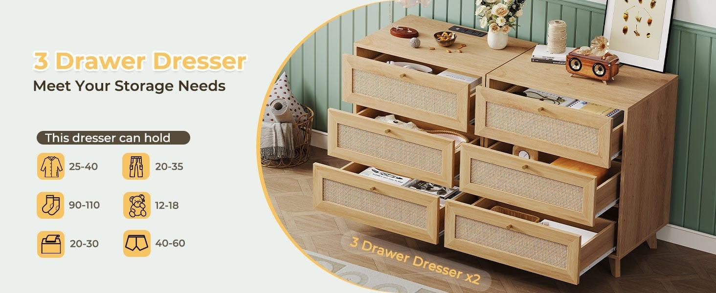 Sikaic Rattan Nightstand with Charging Station Boho Bedside Table with 3 Large Wicker Decorated Drawers Wooden Furniture Sikaic Rattan Nightstand with Charging Station Boho Bedside Table with 3 Large Wicker Decorated Drawers Wooden Furniture