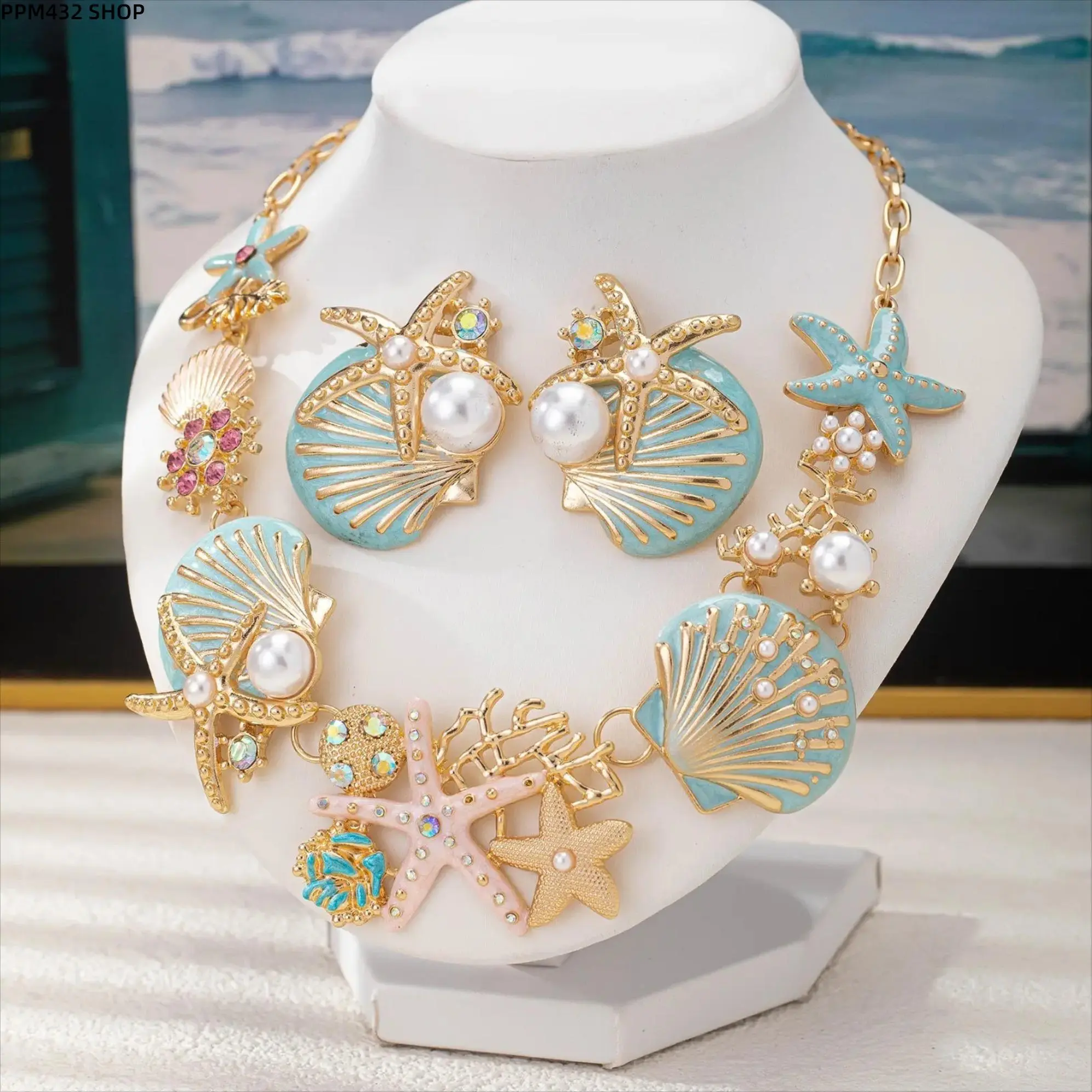 Women's Enamel Starfish Coral Jewelry Set - Ocean Themed Stuff, Stud Ears Necklace & Earrings, Beach Party Outfit Accessory, Elegant Sea Charm Costume Jewelry for Vacation, Gift