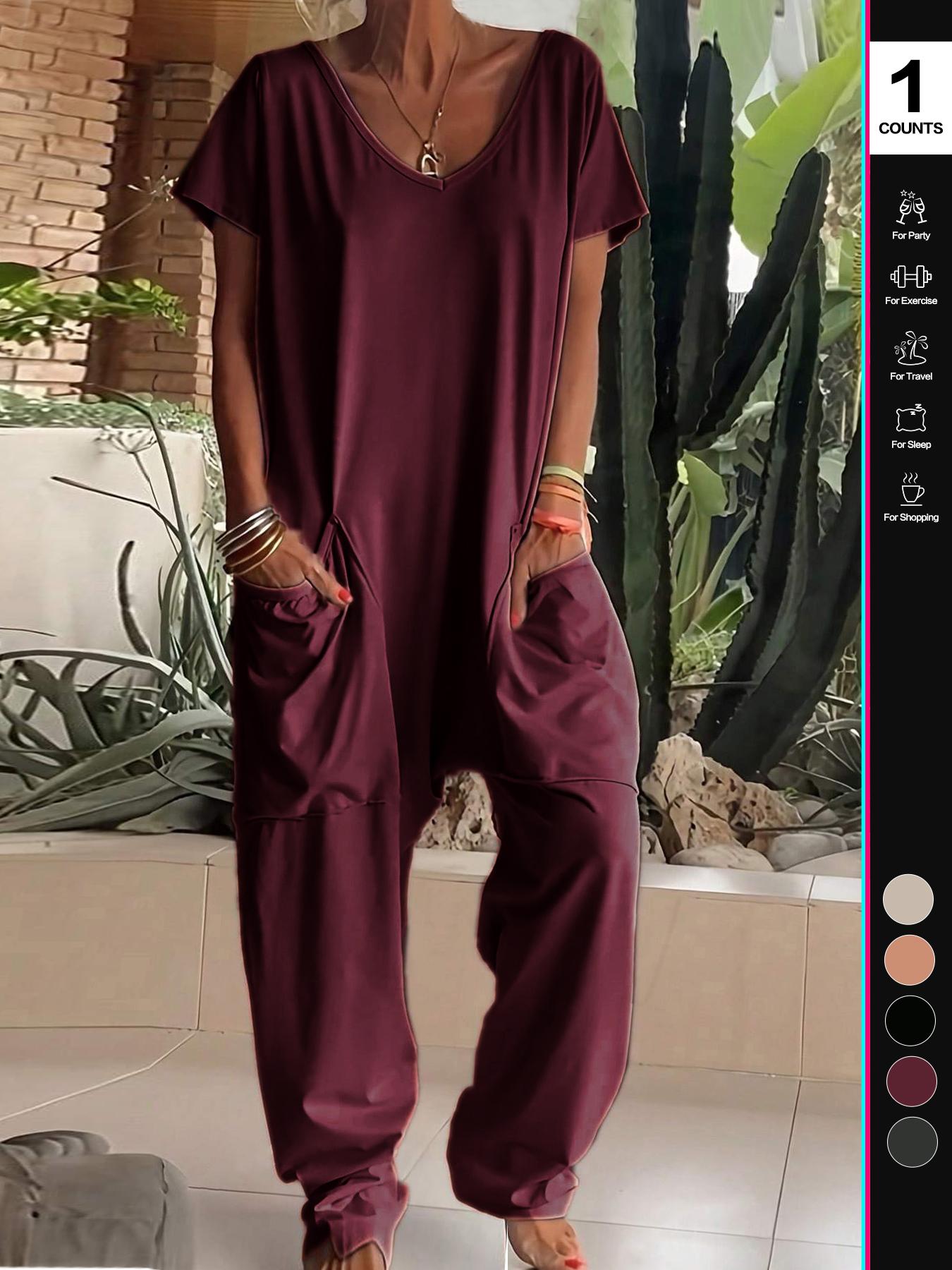 2026 Women's Casual Organic Material Wide-Leg Jumpsuit, Loose Batwing Short-Sleeve V-Neck Harem Jumpsuit, Perfect for All Seasons, Stylish & Comfortable Clothes