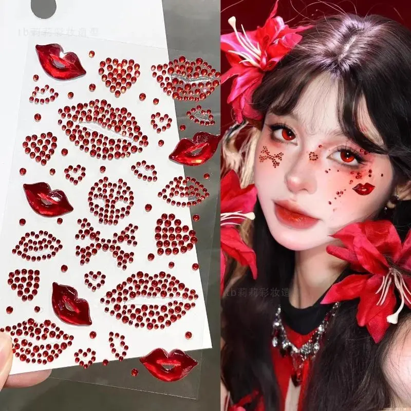 Heart Red Pink Lip Rhinestone Face Stickers Diamond Gems Makeup Decals for Cheek Body Art Glitter Scrapbook Journal Sticker