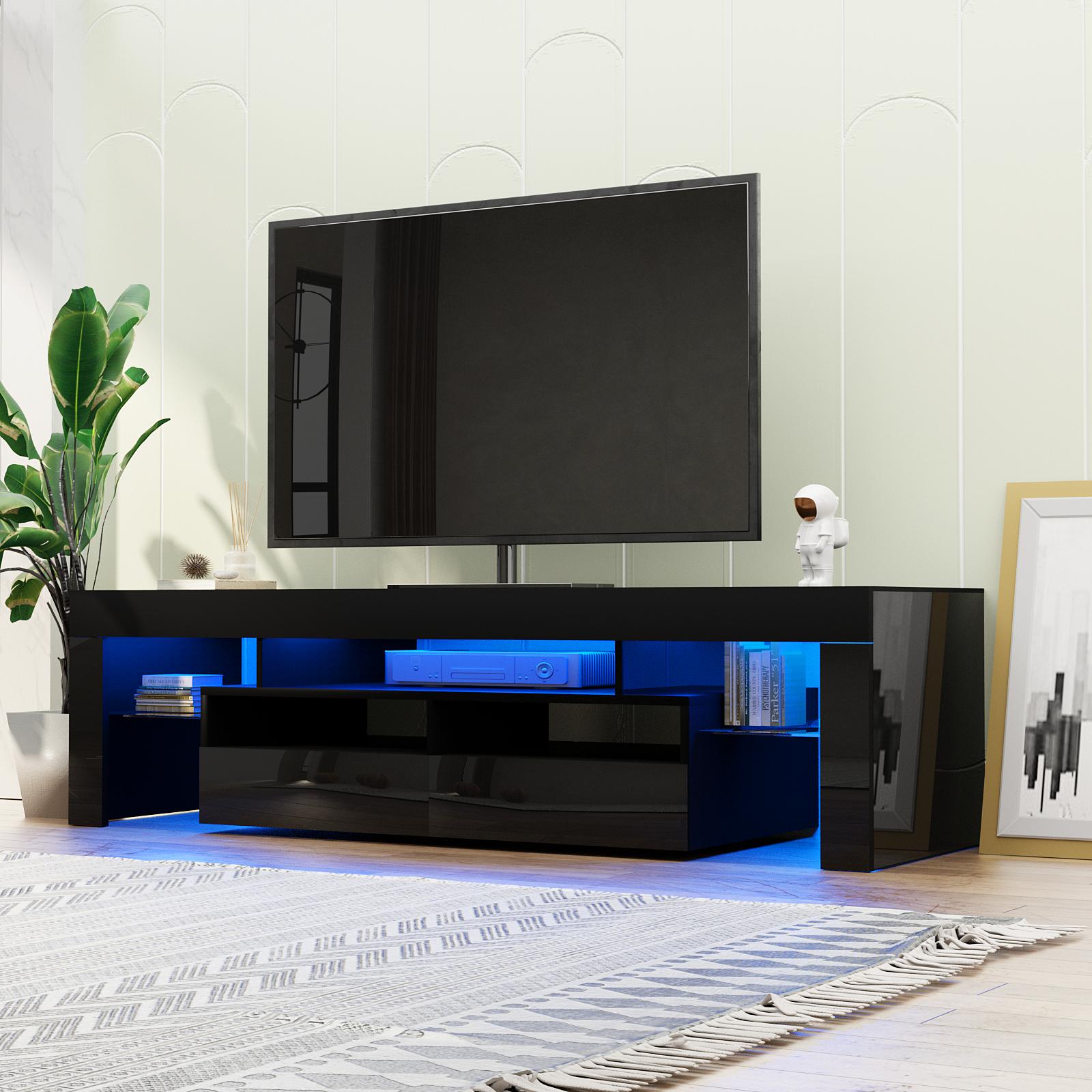 TV Stand with 16 Color LED Lights, Media Console with Drawer and Glass Open Shelf for 65/75/85/90/100 inch TV, Modern Gloss Entertainment Center for Living Room, Black/white