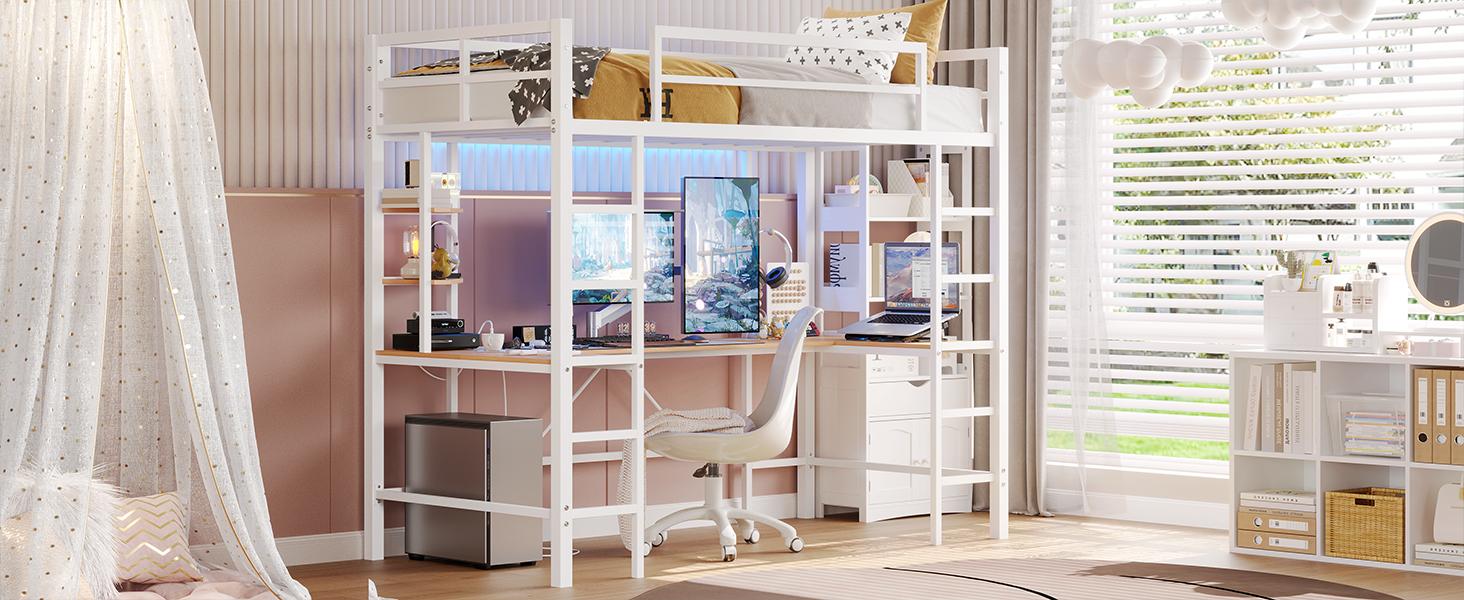 Sikaic Twin Size Loft Bed with U shaped Desk and LED Lights, Metal Bed Frame with Charging Station and Ladder, No Box Spring Needed, White Unique Bedroom Furniture