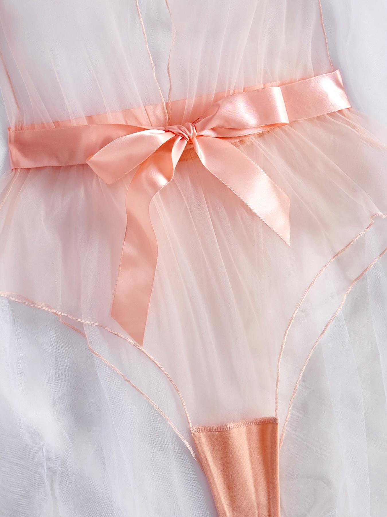 Elegant Sheer Mesh Halter Jumpsuit, Satin Bow Ruffle Decor, Luxurious Bedroom Sleepwear for Women, Sexy Slim-Fitting Design