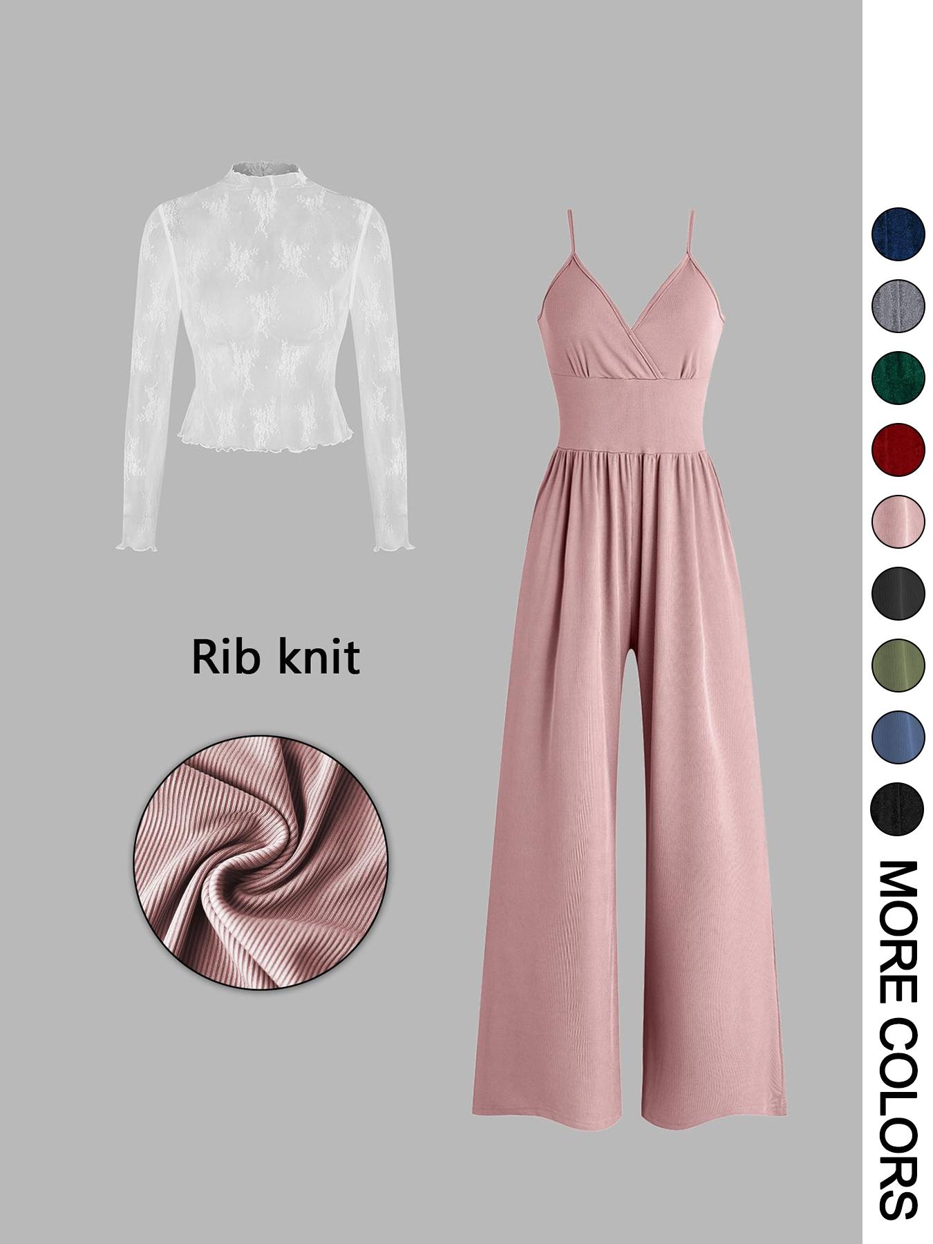 Valentine's Day Women's Solid Color Knitted Lace Tee & High Waist Pocket Jumpsuit Two-piece Set, Elegant Fashion Casual Fitted Zipper Back Cami Jumpsuit & Long Sleeve Top for Daily Outdoor Wear, Women's Clothing for Spring & Fall