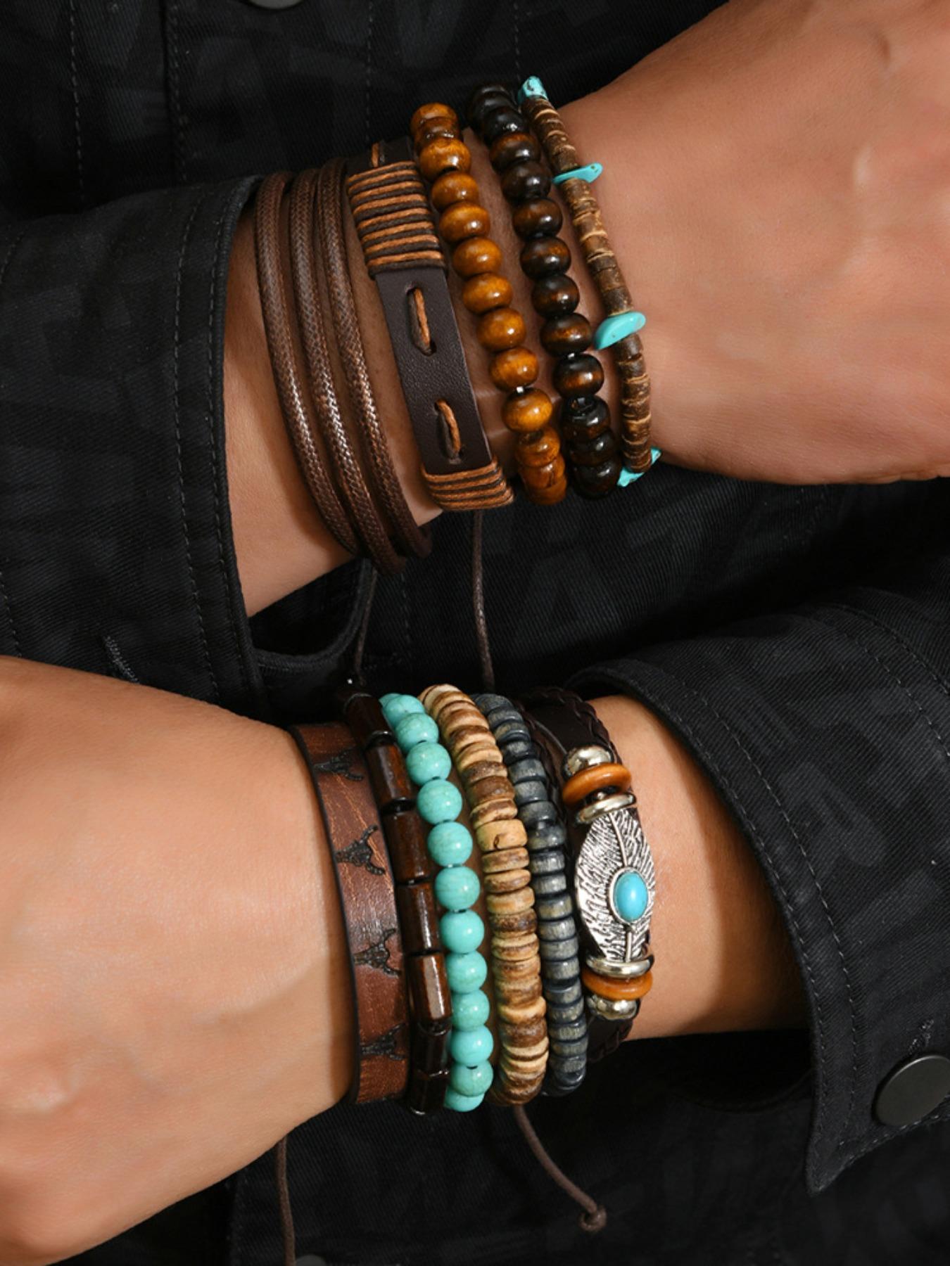 Men's Vintage Casual Bohemian Style Beaded Bracelet Set, Fashion Turquoise Beaded PU Leather Bracelet Set, Stylish Gift for Boys Daily Wear, High Quality Bracelet