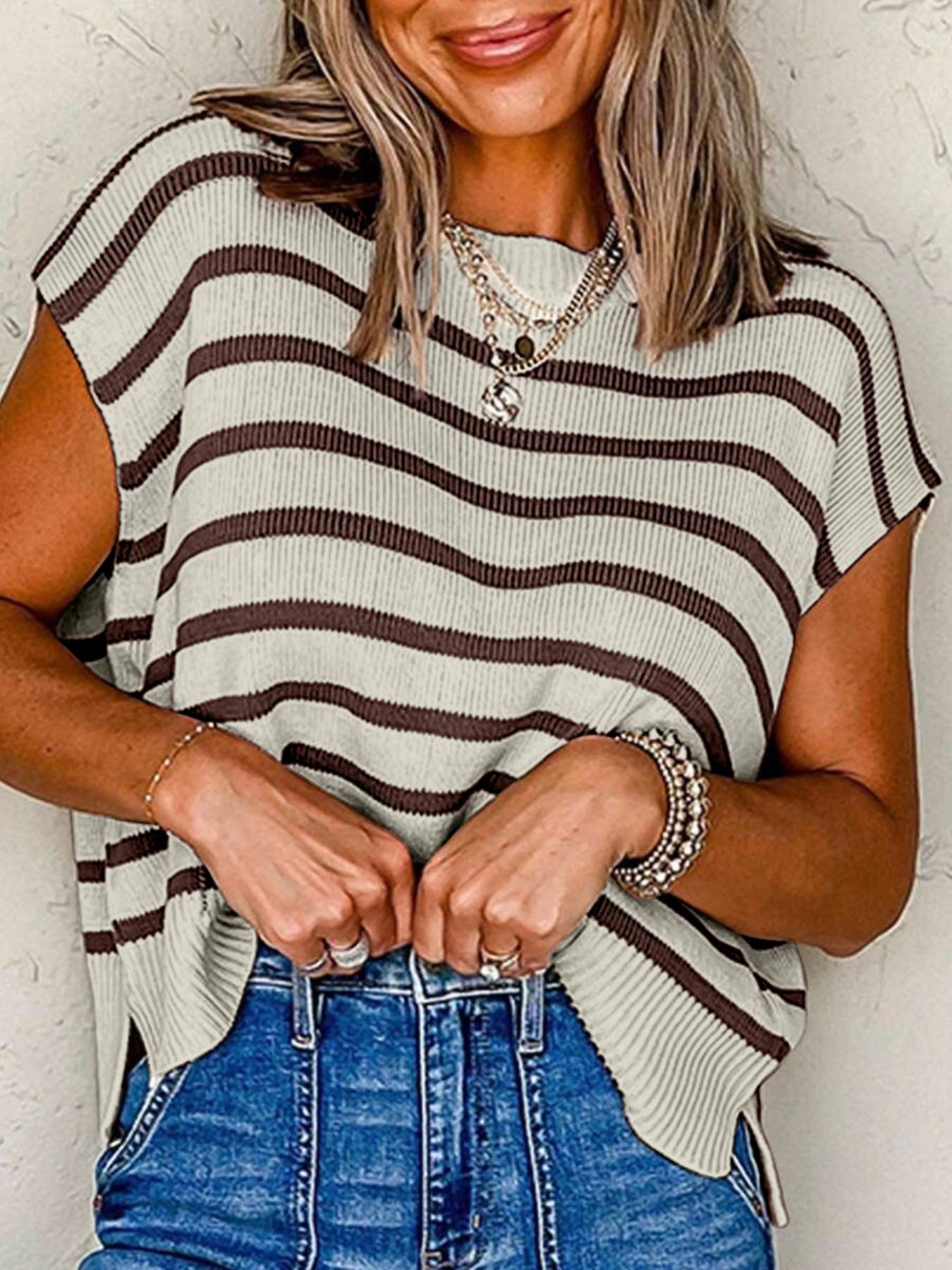 Women's Striped Print Crew Neck Sweater Pullover, Casual Jumper for Summer, Fashion Women's Knitwear for Daily Wear, Women Summer Tops, Oversized Knit Tops for Women