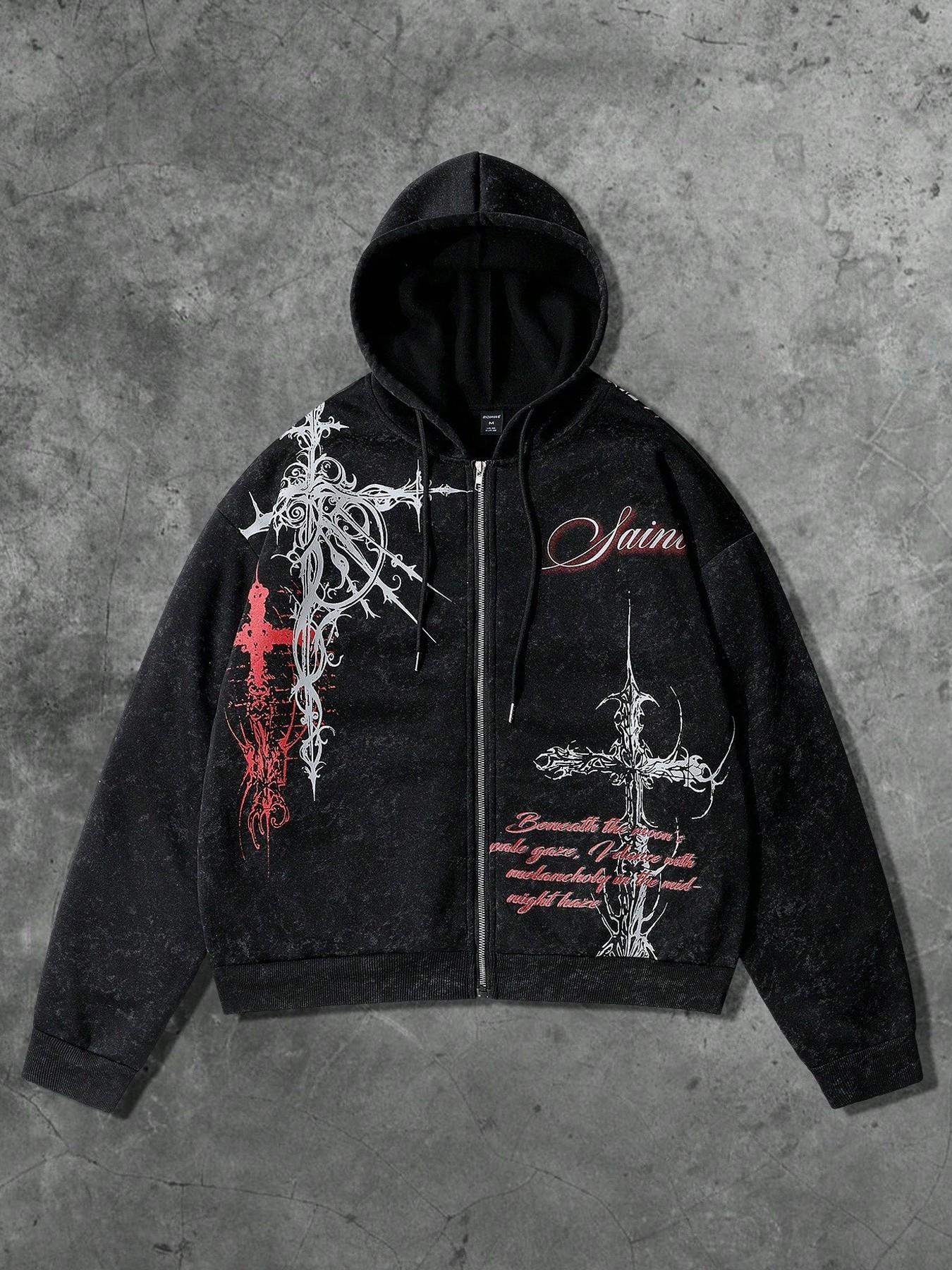 Men's Gothic Cross Print Zip Hoodie, Trendy Streetwear for All Seasons, Soft Comfortable Fabric, Perfect for Casual Gatherings