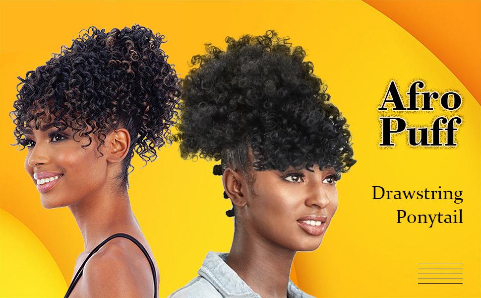 Afro Puff Drawstring Ponytail with Bangs Clip In Ponytail Extension Short Kinky Curly Hair Extensions Updo Hairpieces for Women