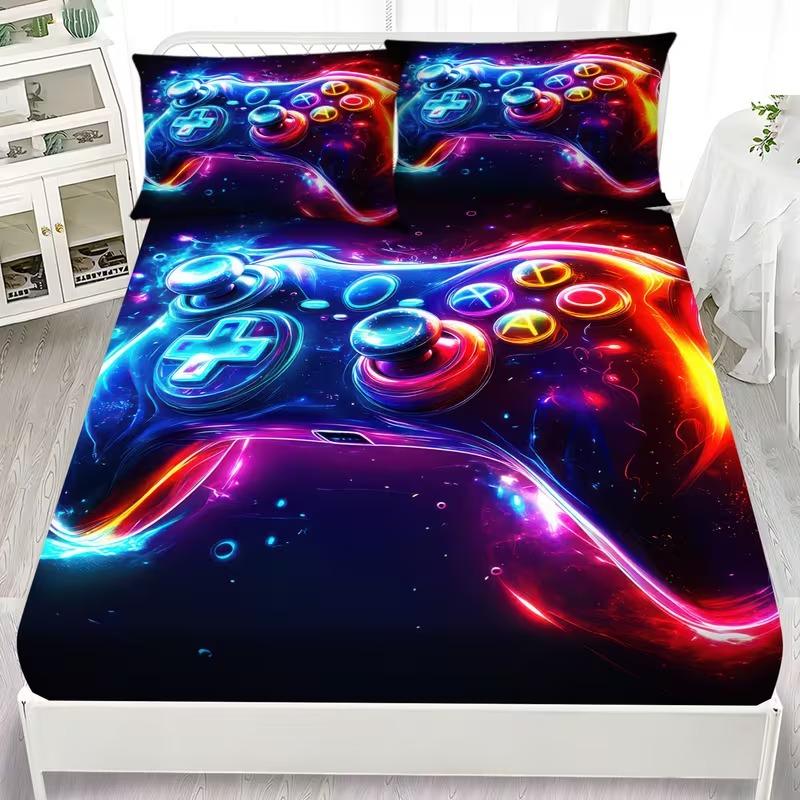 3-Piece Game Controller Bedding Set, Includes Fitted Sheet & Pillowcases, Breathable Polyester Fiber, All Seasons, Gaming Theme