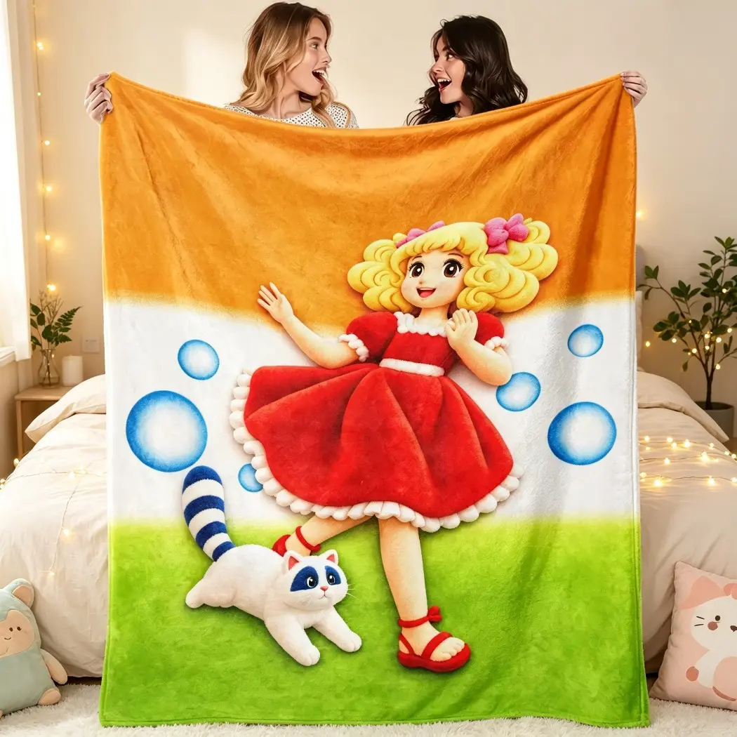 Candy Candy Anime Colorful Cartoon Girl & Cat Flannel Throw Blanket, Cute Blonde Doll in Red Dress With White Striped‑Tail Cat & Bubble Print, Ultra‑Soft Warm Lightweight Plush Blanket for Sofa, Bed, Couch & Travel, Sweet Decorative Gift for Birthday, Chr
