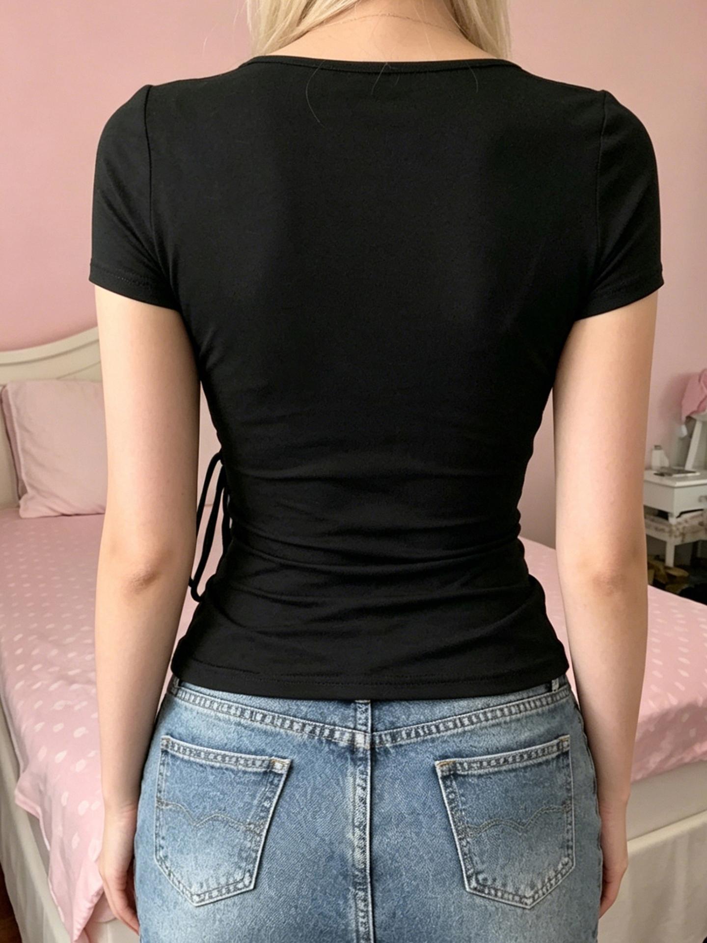 Holiday Style Floral Embroidery Sequin Top, Slim Fit Lace V Neck Short Sleeve Summer T-Shirt, Fashion Drawstring Design, Casual Daily Wear, Trendy Summer Tee