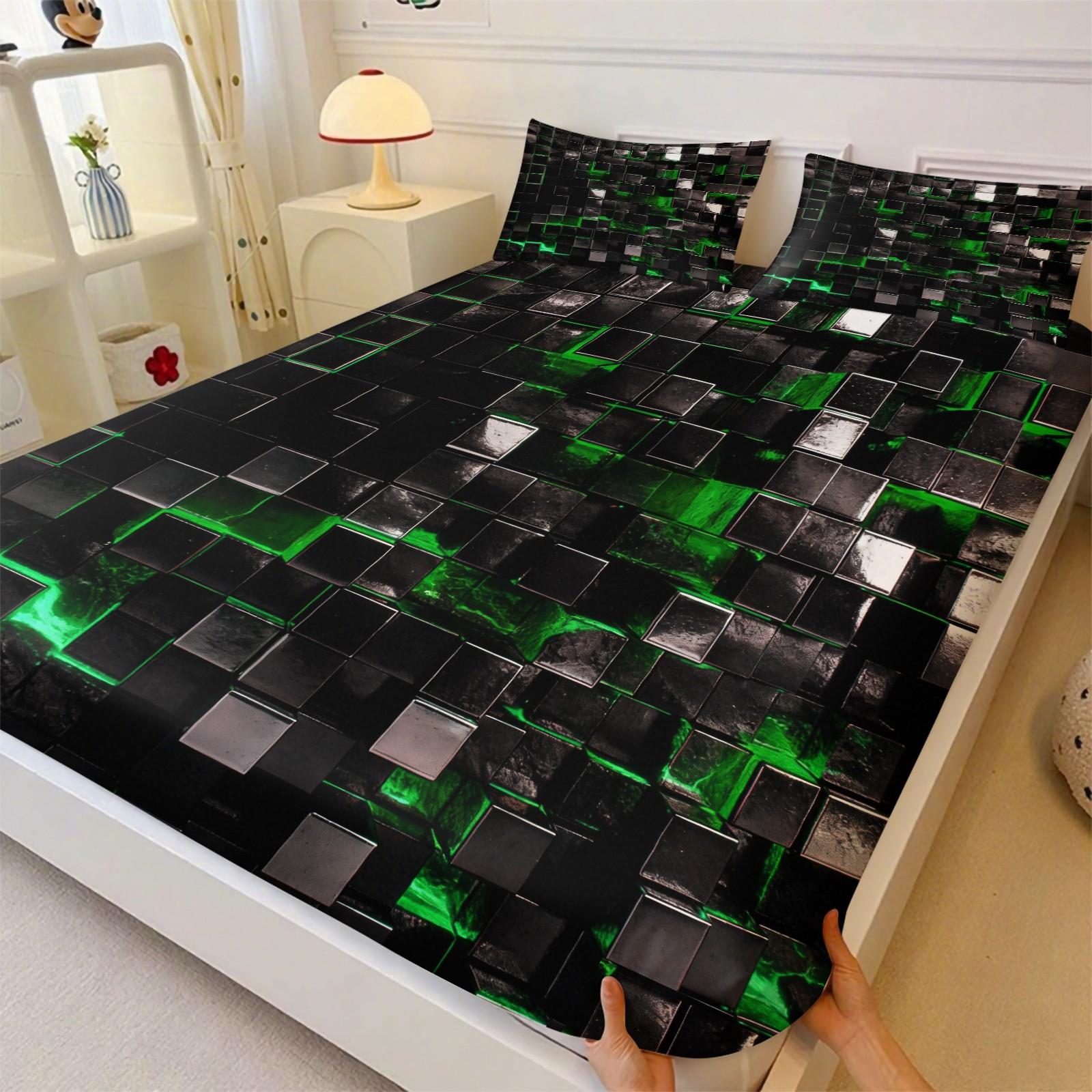 Sci-Fi Neon Cube Lava Fitted Sheet Set & 2 Pillowcases No Core, 3D Metal Texture Block & Red, Pink Neon Glow Design, Soft Anti-Slip Wrinkle-Resistant, Cyberpunk Bedroom E-Sport Room Decor, Gift for Boys, Teens