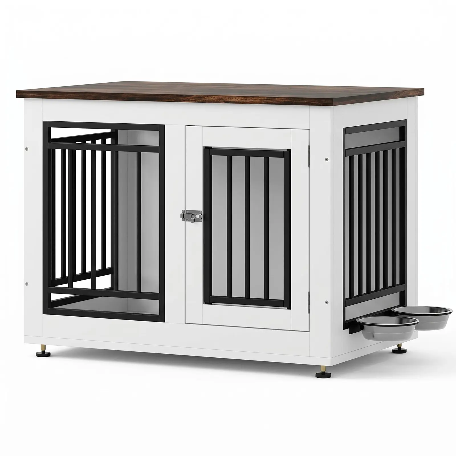 Modern Rustic Dog Crate Furniture End Table - Wooden Indoor Kennel Crate with Heavy-Duty Metal Frame, 360° Rotating Stainless Steel Bowls (Feeding Area), Removable Tray, Side Table for Small/Medium Dogs