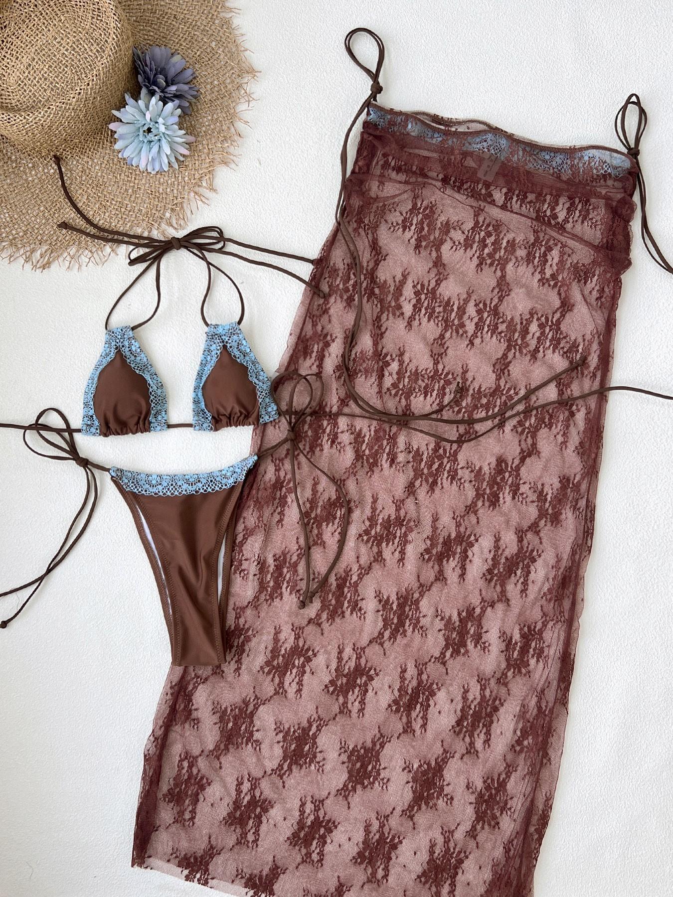 Women's Lace Patchwork Bikini Set, Sexy Long Dress Triangle Swimwear, Beach Party Three-Piece Swimsuit, Holiday Swimming