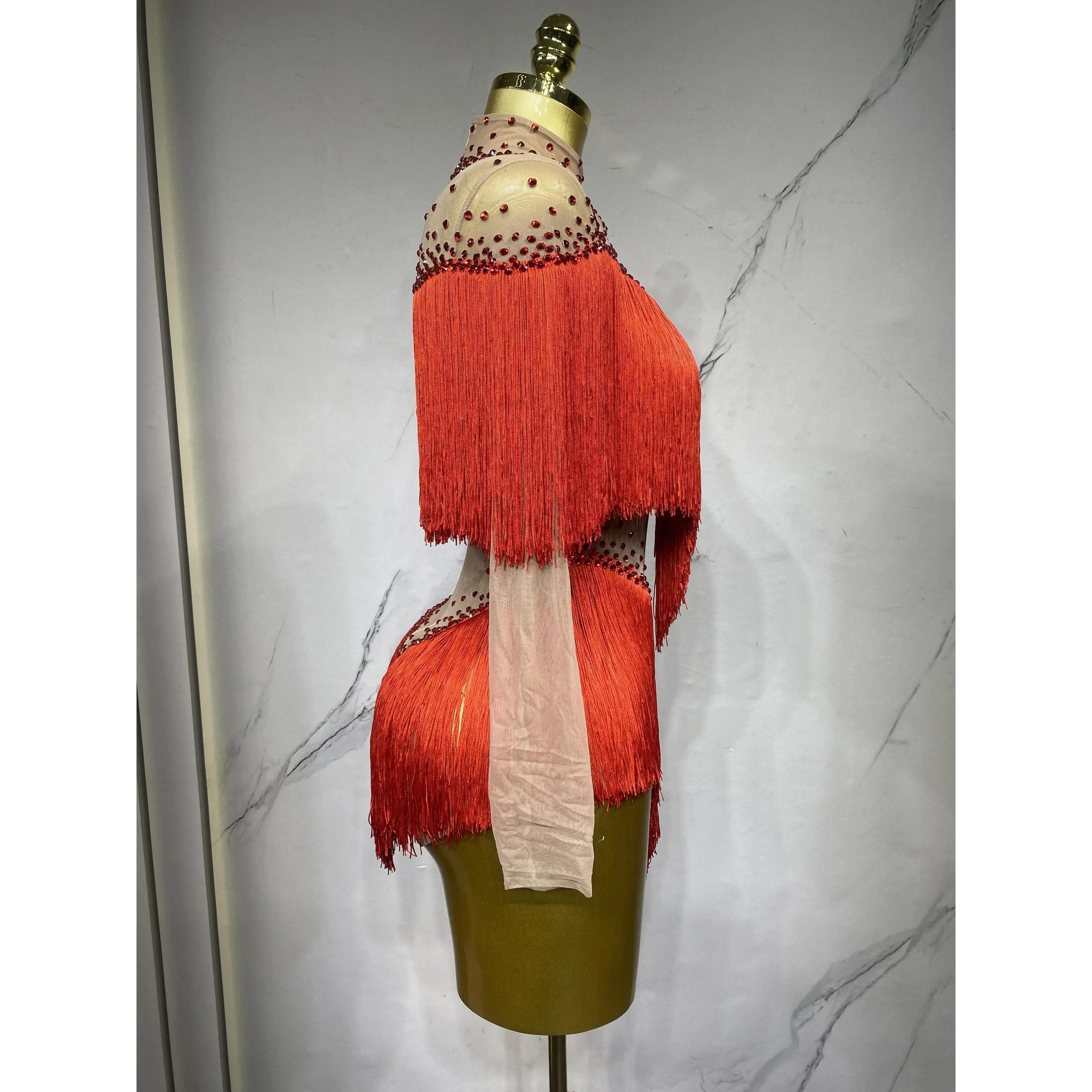 Women's Sexy Tassels Bodysuit Mesh Performance Dance Costume Stage Wear Nightclub Outfit for Dancer