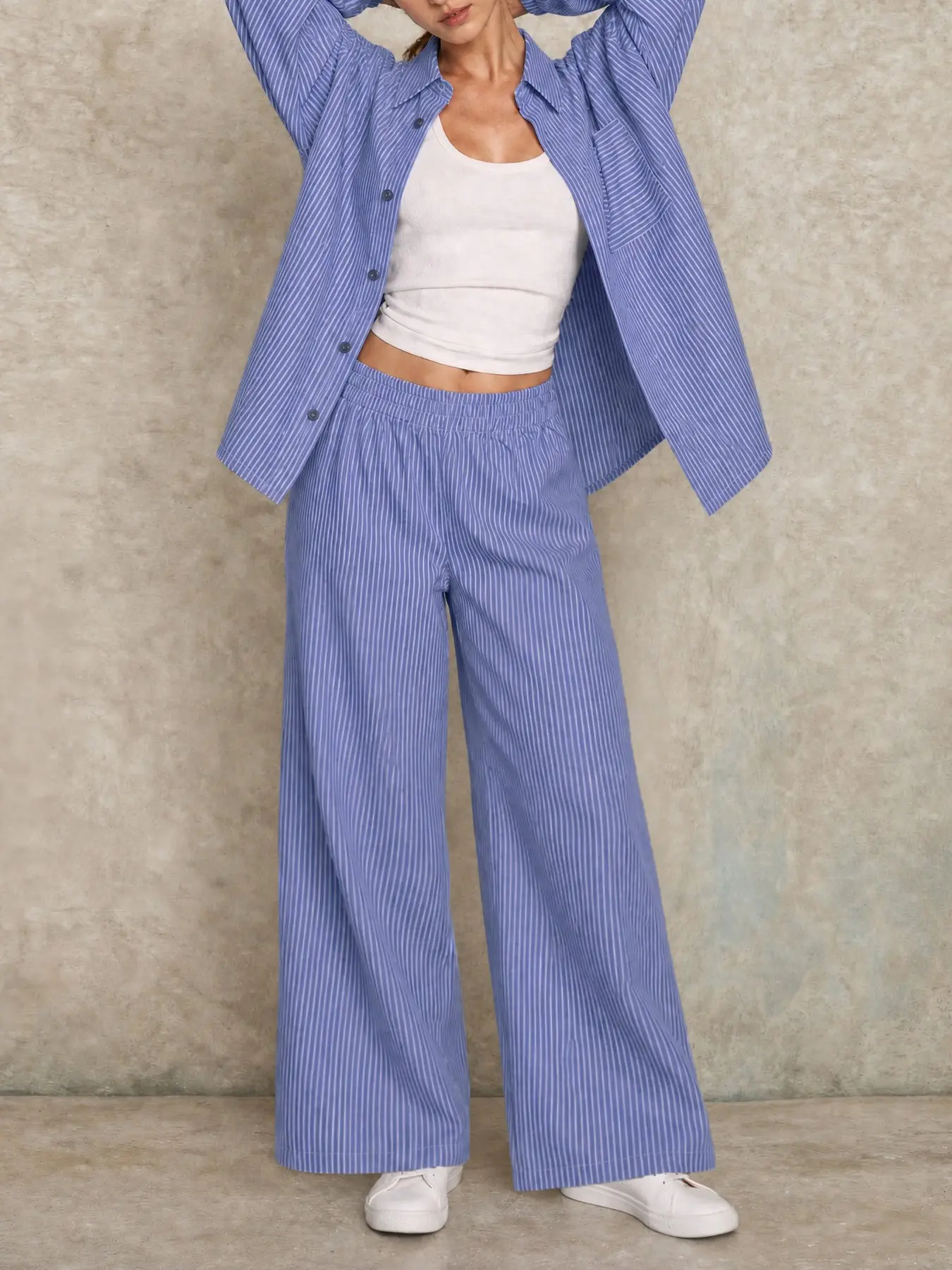 Women's Collared Nine-Quarter Sleeve Striped Open Front Shirt, Elastic Waist Wide Leg Pants Set, Casual Two-Piece Outfit Sets Women, Matching Clothing Set, Match Style Set