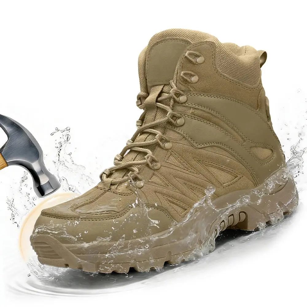 HELLO MRLIN Men's High-Top Steel Toe Work Boots, Zip-Up Waterproof Tactical Shoes with Laces, Snug Lace Fit & High-Top Ankle Hold, Slip-Resistant Puncture-Proof Durable Outdoor Walking Footwear