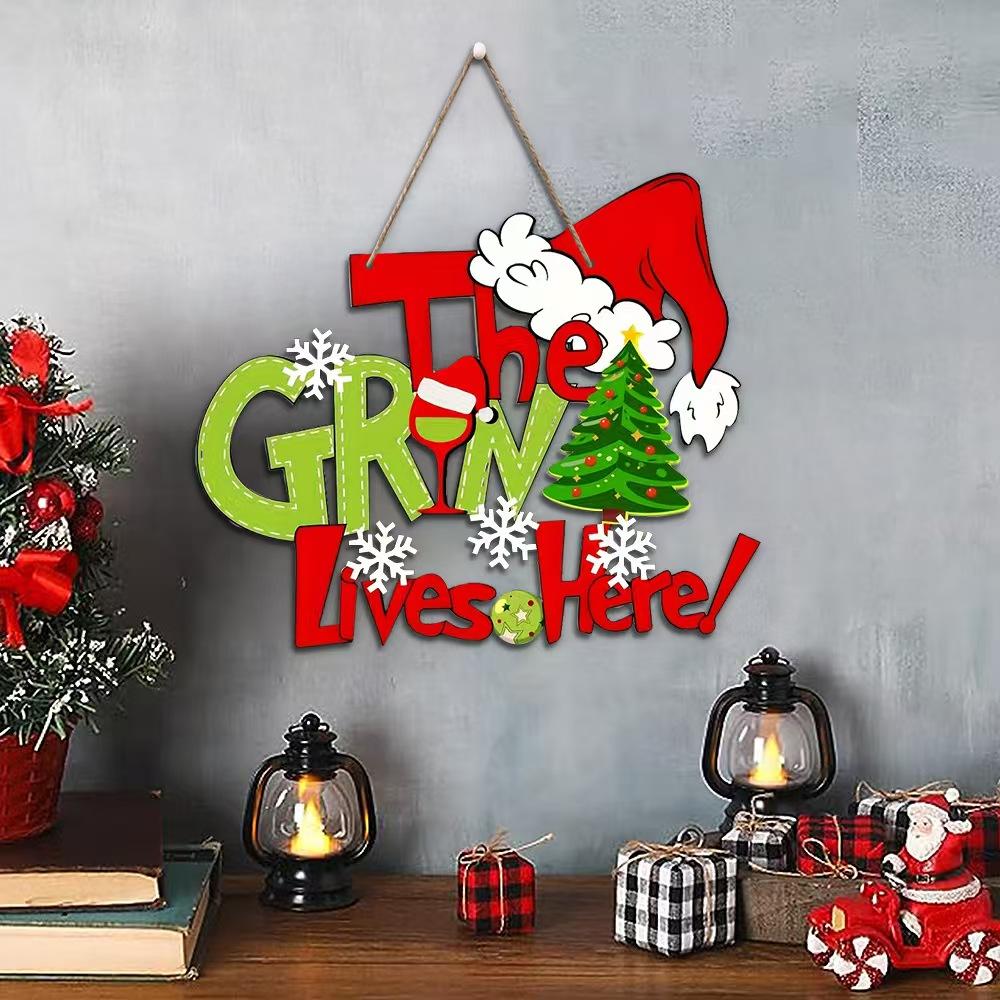 Christmas Theme Hanging Decoration Sign, 'the Grin Lives Here!'Colorful Text, Includes Christmas Hat, Tree, Snowflakes, Home Wall Door Decor