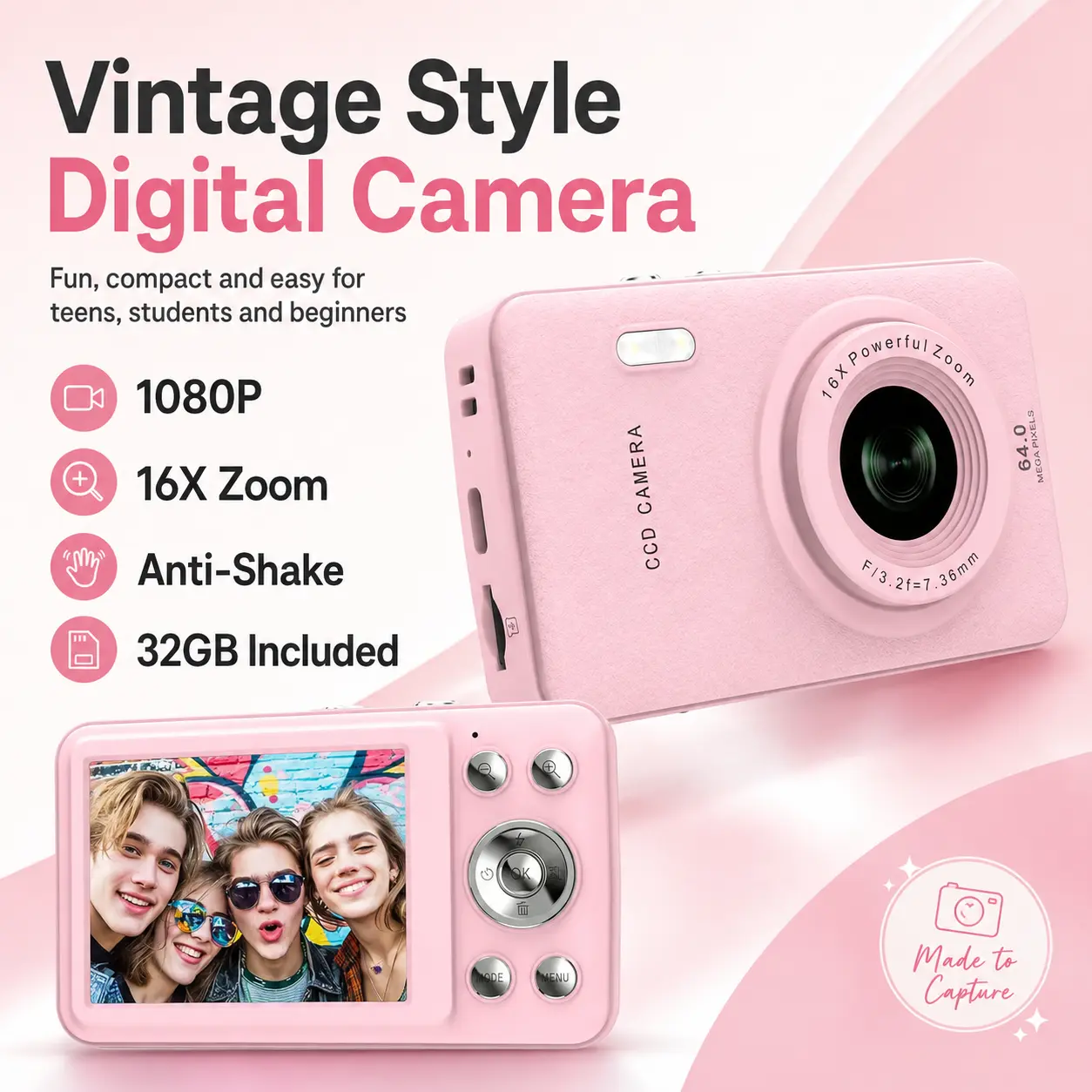 Vintage Style Digital Camera with 1080P Video Recording, CCD-Look Photo Effects, 16X Zoom Lens and Image Stabilization, Pocket Point & Shoot Camera with 32GB Card for Teens, Creators and Photography Lovers