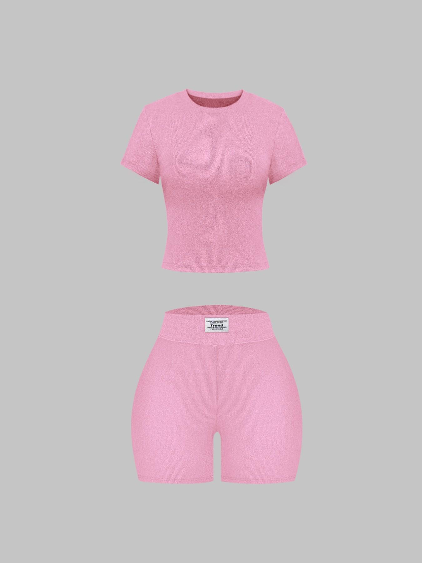 Women's Basic Solid Short Sleeve Tee & Letter Patched Skinny Shorts Set, Casual Two-piece Set for Daily Wear, Ladies Clothes for All Seasons