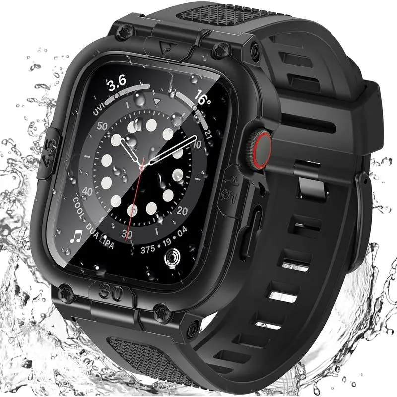 3 in 1 Waterproof Case with Band Compatible for Apple Watch 44mm |   with Tempered Glass Screen Protector 360 °   Shockproof Face Cover with Band for Apple Watch SE 3/2/1, Series 6/5/4
