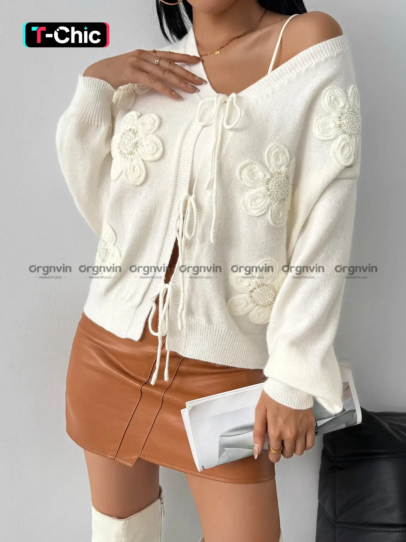 Women's Floral Patched Belted Cardigan, Fashion Casual Elegant Style, Loose Fit Long Sleeve Versatile Sweater for Fall & Winter