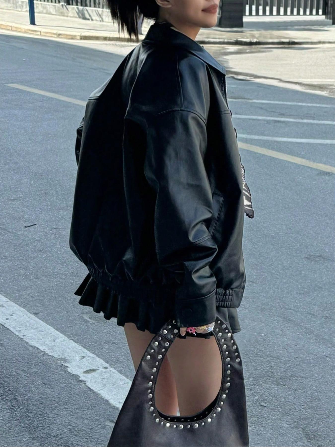 Women's Preppy Motorcycle Jacket, Casual Loose-Fit Long Sleeve PU Leather Jacket, Autumn/Winter Fashion Outerwear for Women, Coats