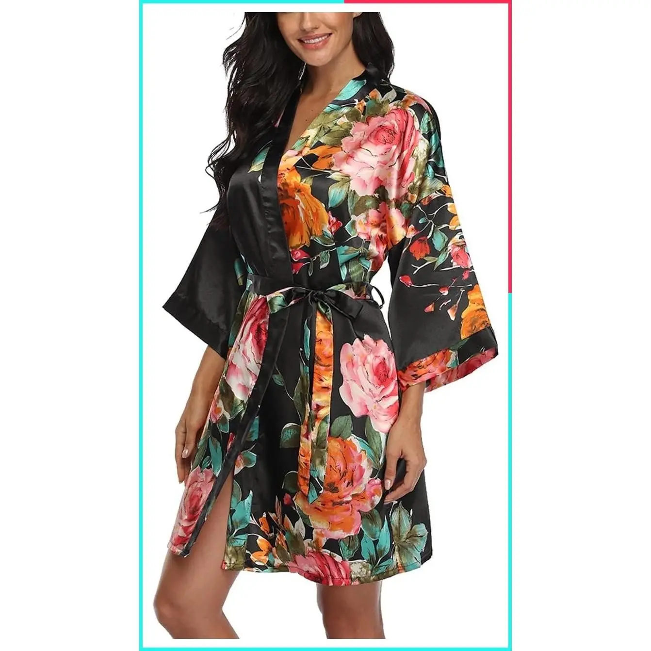 Women's Floral Silk Satin Short Kimono Robe, Bridal Bridesmaid Bathrobe