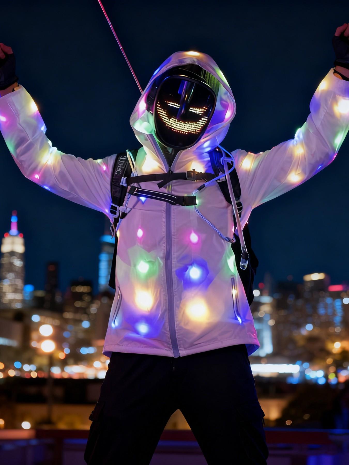 Men's LED Glow Hooded Sun Protection Jacket, Fashionable Reflective Design, Soft Comfort, All-Season Party Outerwear, Music Festival Style