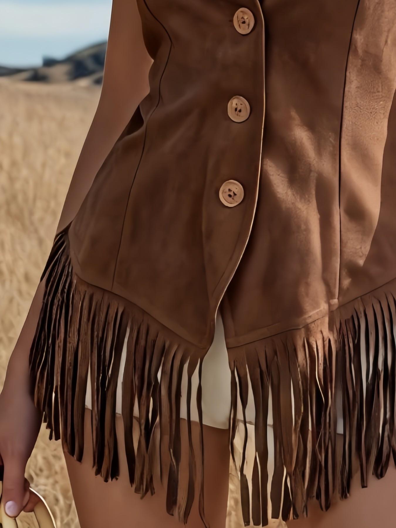 Women's Fall Fashion Vest, Western Fringe Hem, Button Closure, Classic Fit, Perfect for Halloween, Coachella Music Festival