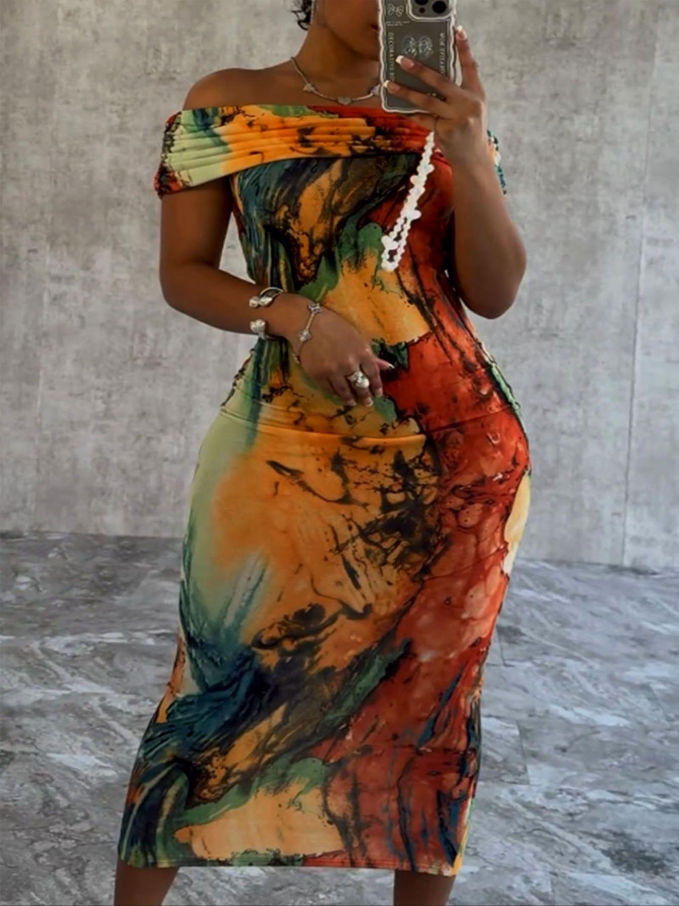 Plus Size Off Shoulder Bodycon Maxi Dress for Women – Elegant Chic Casual Printed Party Dress for Summer & Evening Outfits Elegance