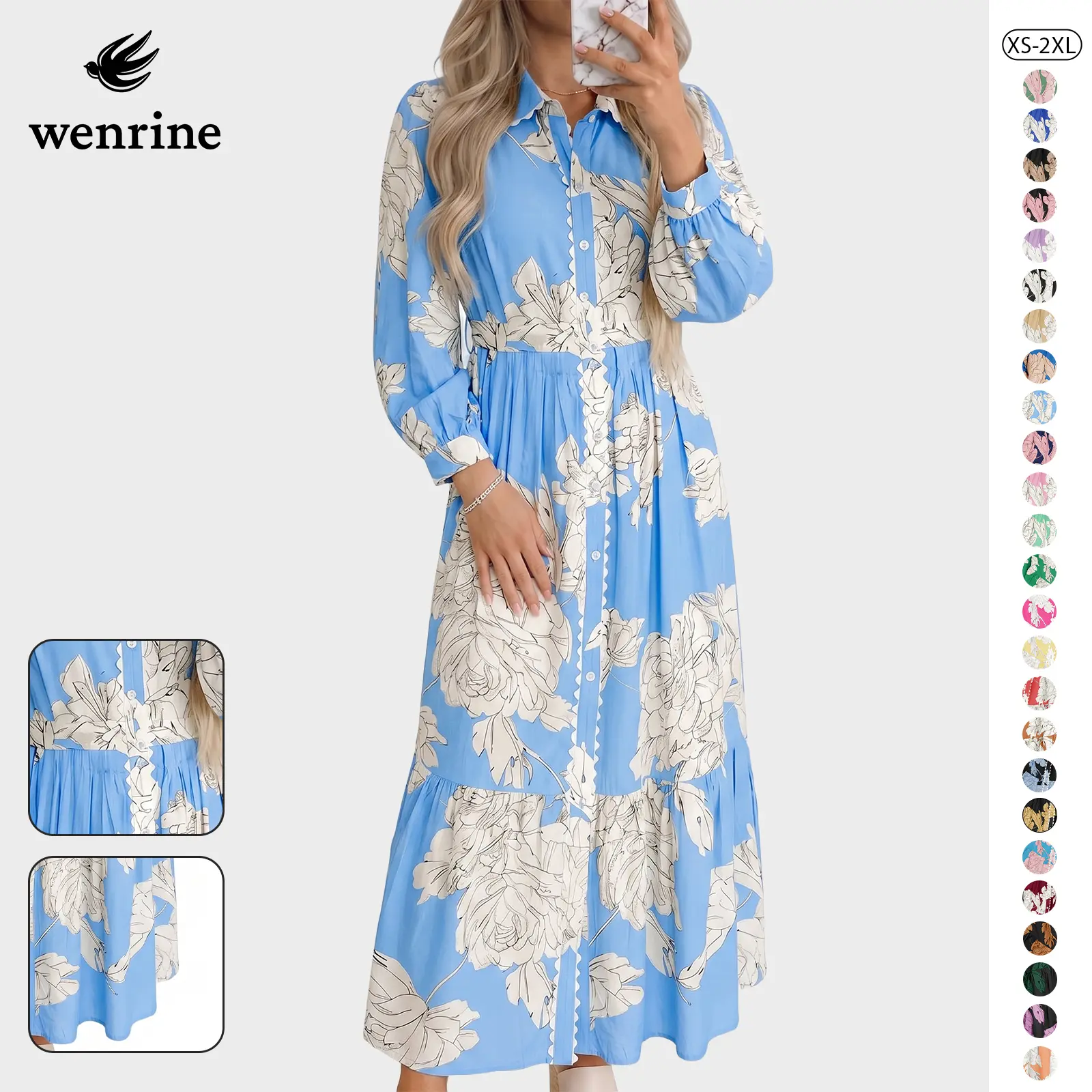 Wenrine Stylish Women's Floral Maxi Flow Shirt Dress for Women - 3/4 Long Sleeves, Collared, Button Down, Drawstring Waist, Soft Light Fabric, Relaxed Fit, Fall Casual Wear Dresses