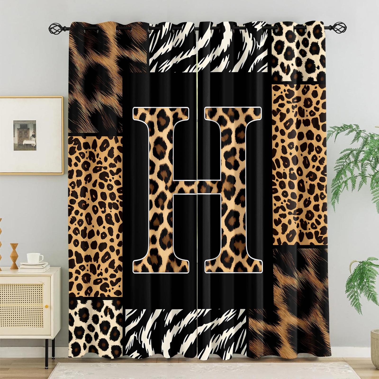 2 Panels 26 Letters Leopard Print Curtains, 80%-90% Light Blocking Curtains, Alphabet Printed Curtains, Stylish Decor Curtains for Bedroom Living Room, Wild Style Window Drapes, Ideal Gift