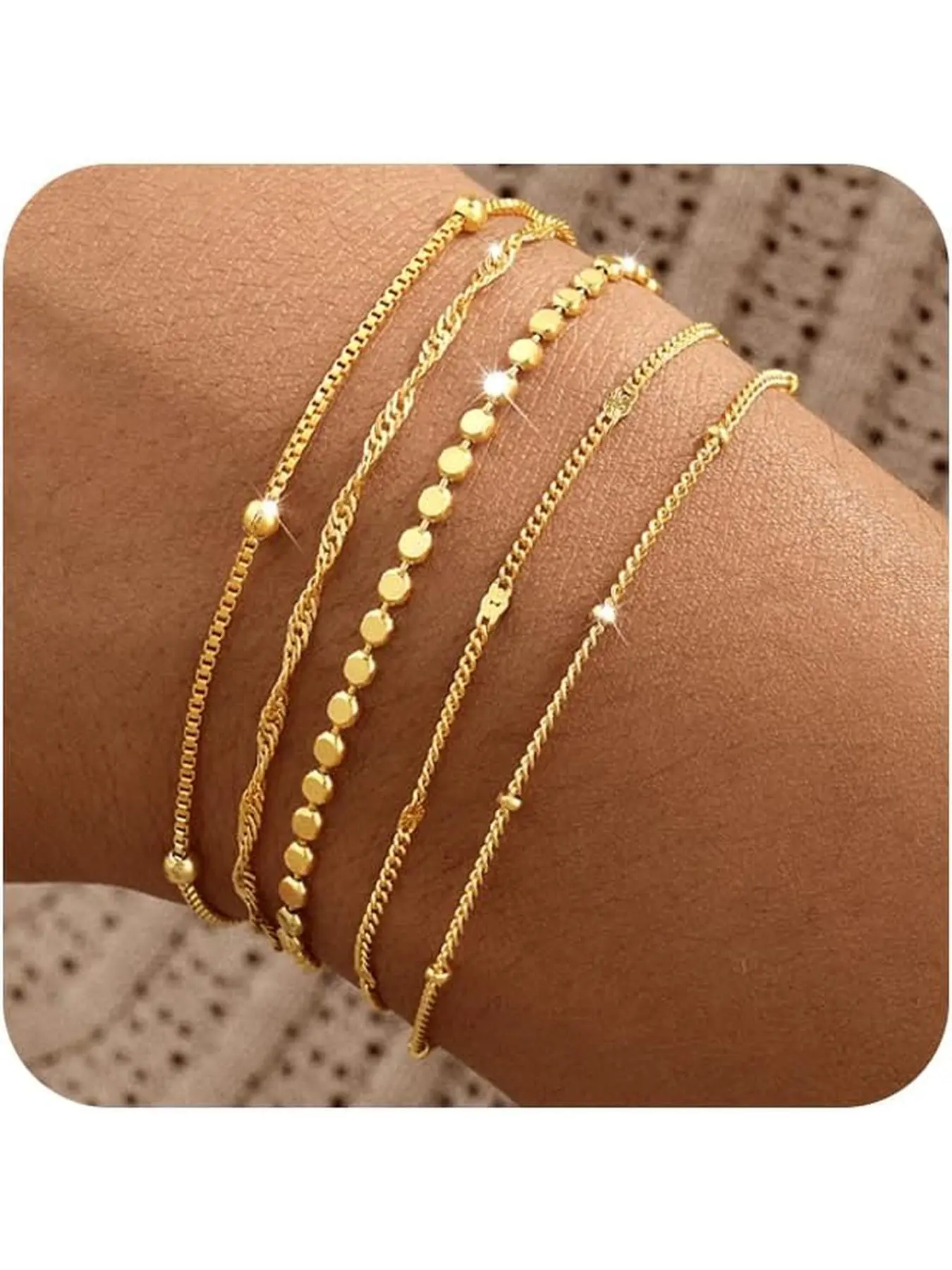 Sets of 5 Golden Bracelets for Women, Golden Stackable Bracelet Stack Set Adjustable Charm Paperclip Chain Snake Link Layered Jewelry Sets Gifts Stacking Bracelet