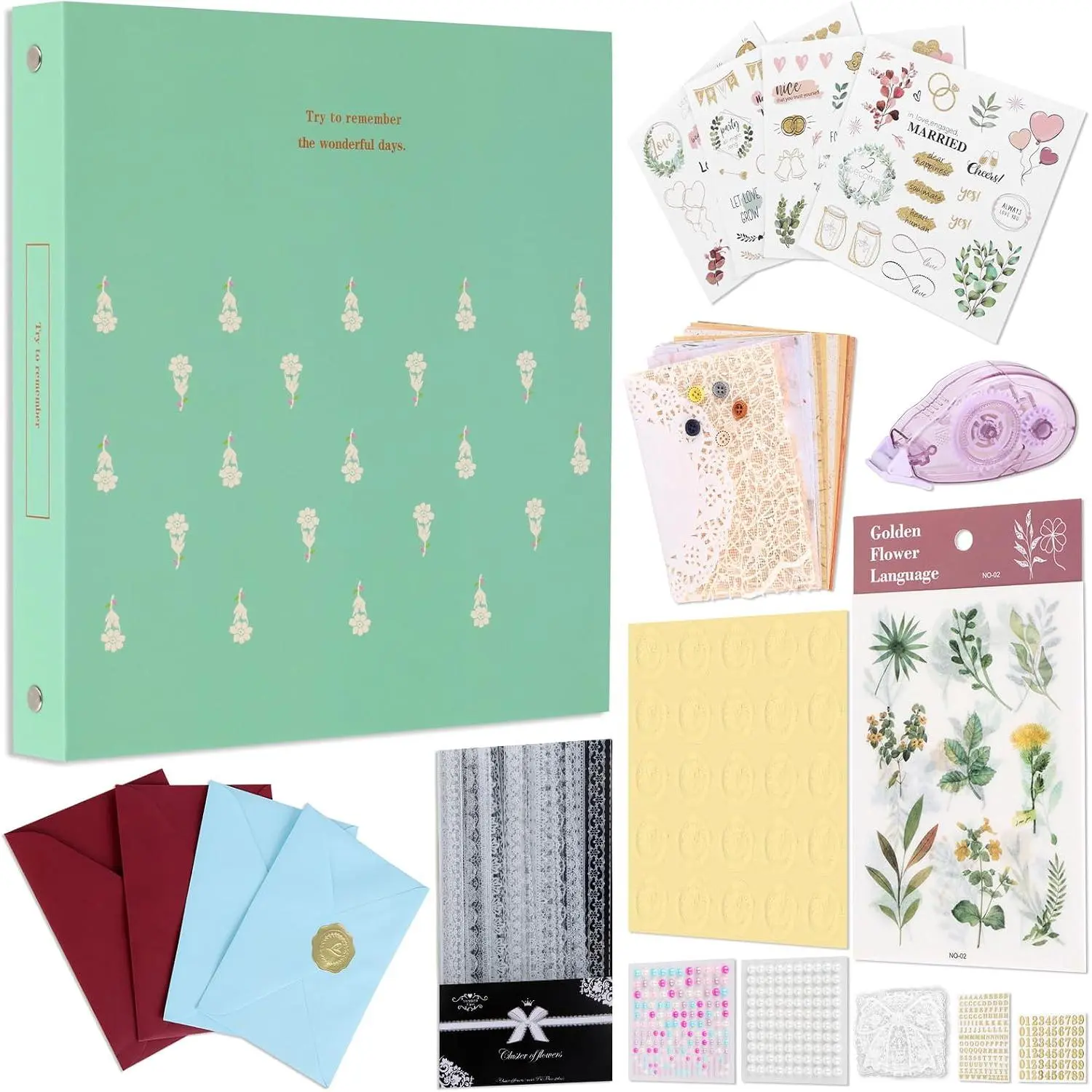 Wedding Scrapbook Kit - Self-Adhesive Glue-Free Pages, Flat Lay Coil-Bound Memory Photo Album with Sticker Kit & Letters for Weddings, Birthdays